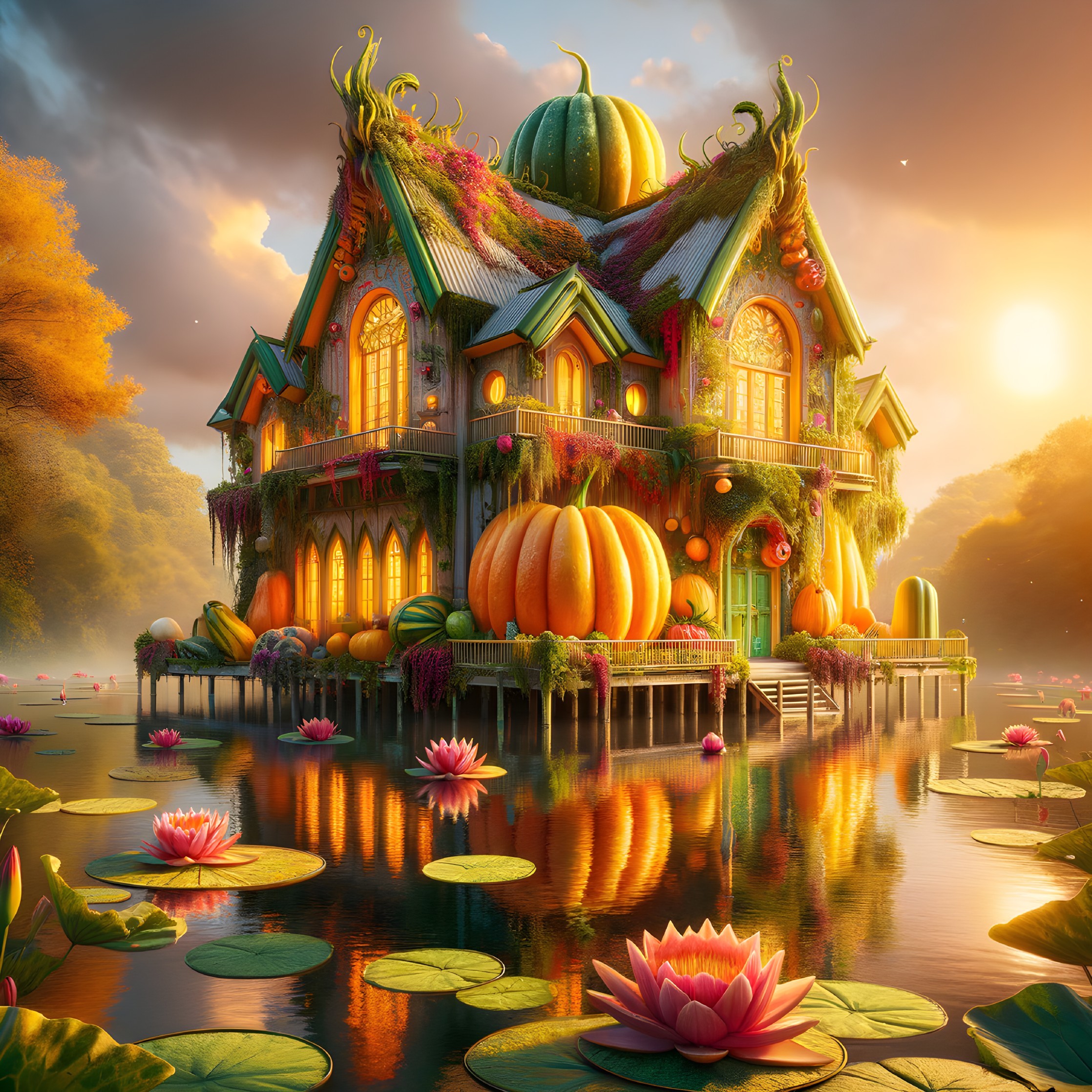 Colorful House on Stilts with Pumpkins and Lotus Flowers