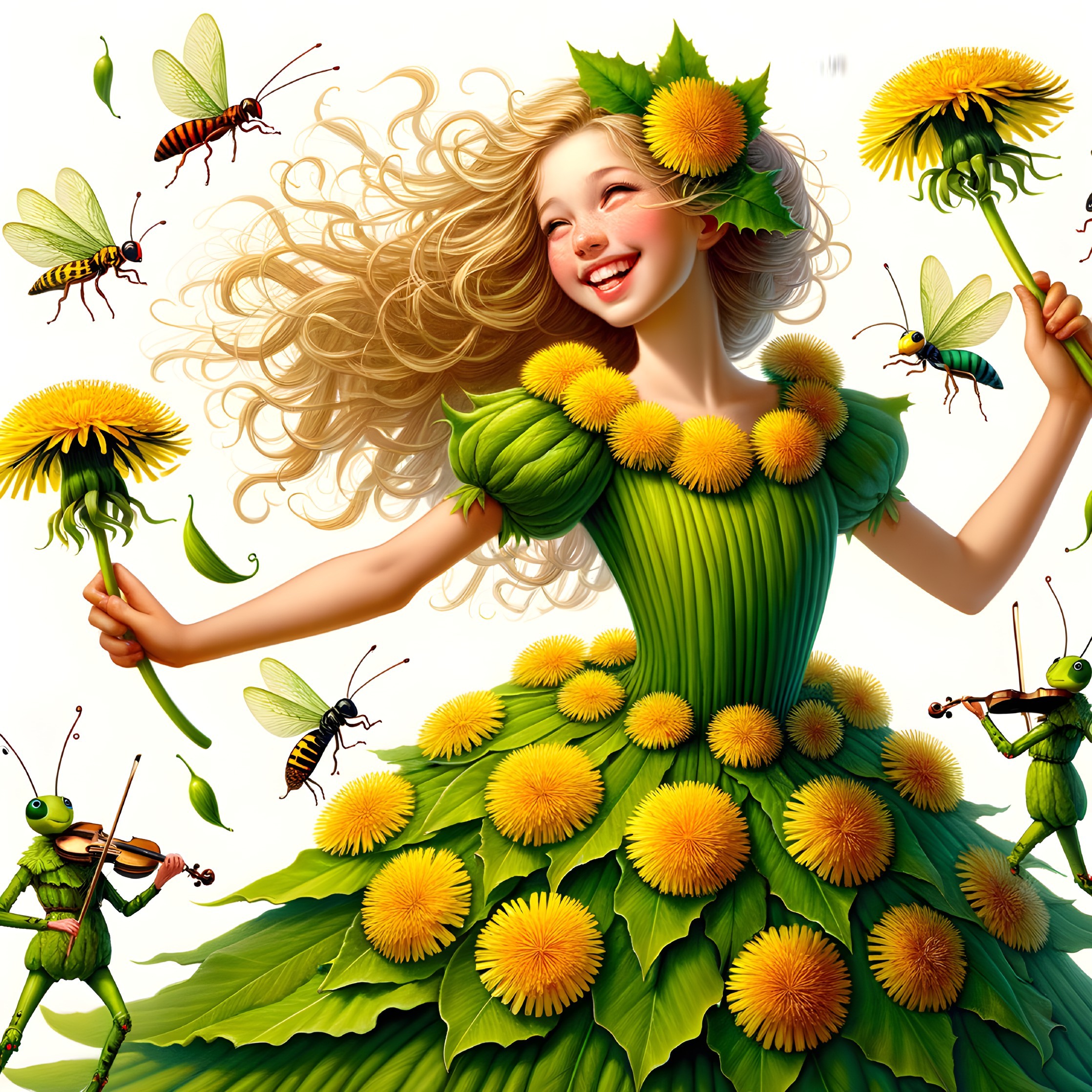 Whimsical Figure in Green Dress Celebrating Nature