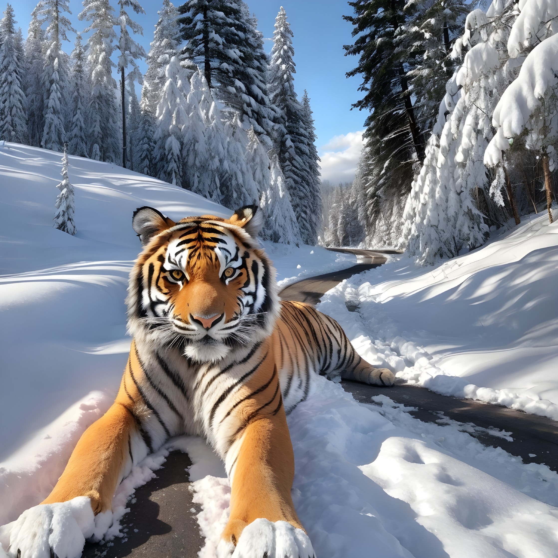 Tiger in Snowy Landscape with Evergreen Trees