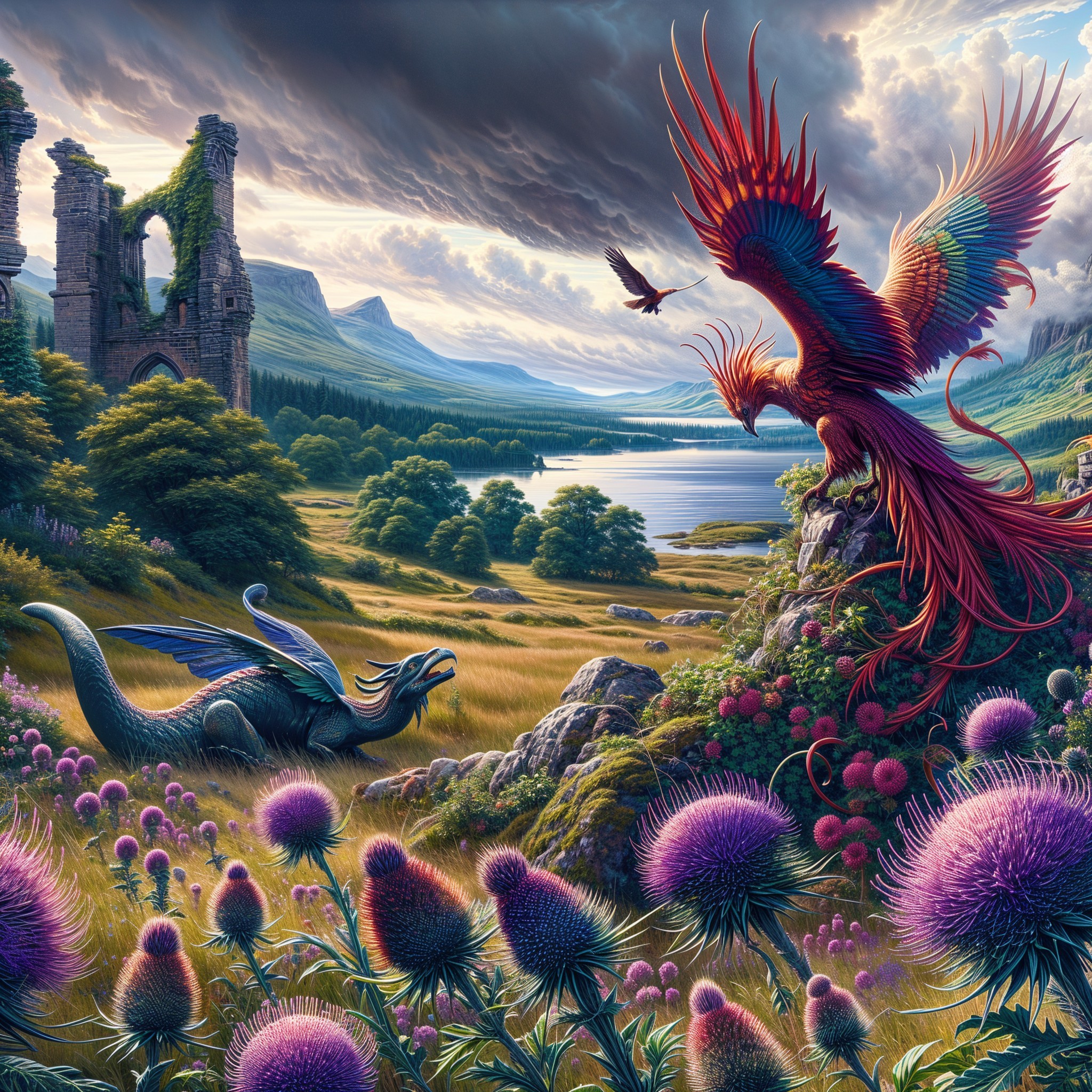 Phoenix and Dragon in a Vibrant Fantasy Landscape