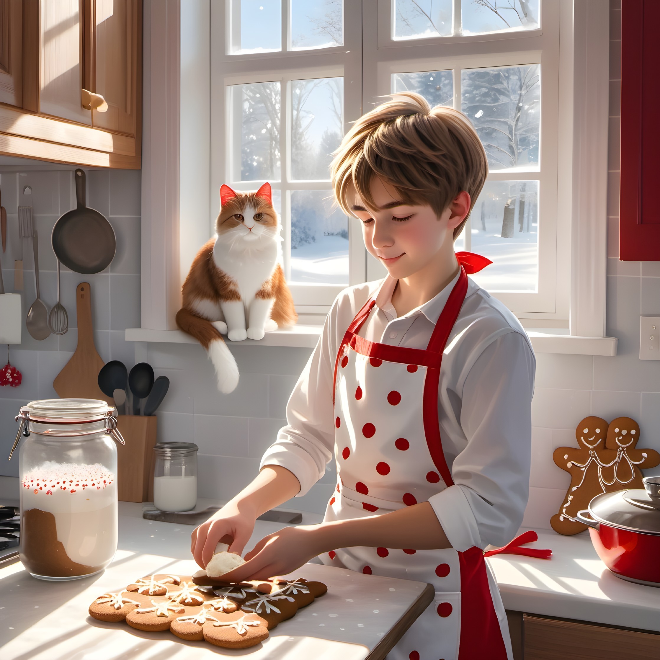 Child decorating gingerbread cookies with cat in kitchen.