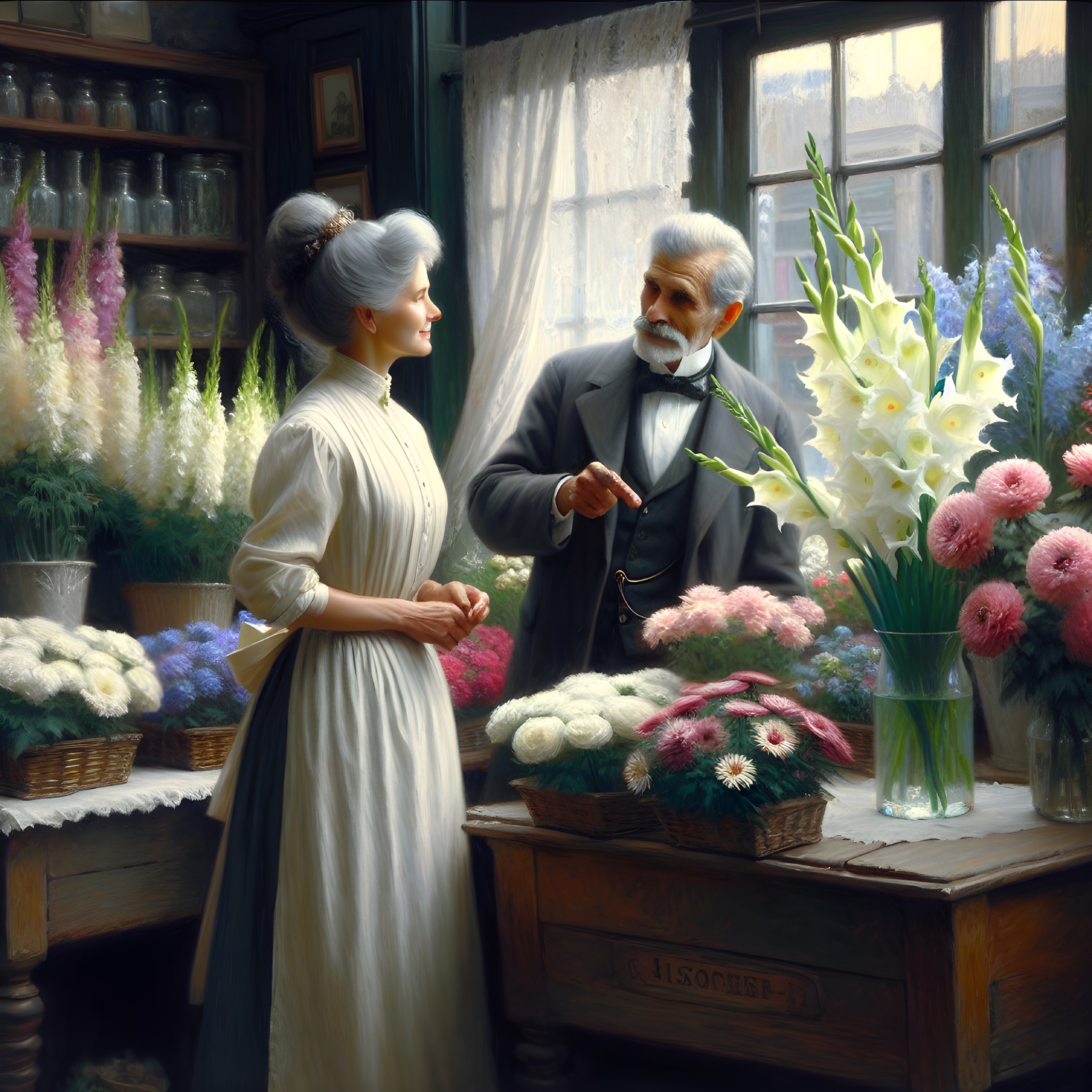Flower Shop Scene with Vibrant Blooms and Conversation