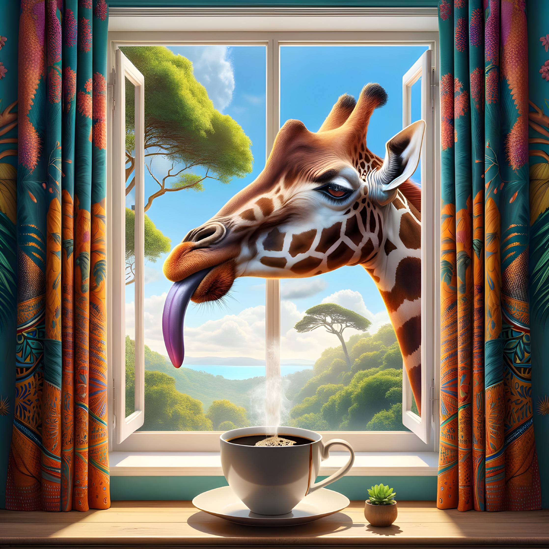 Giraffe Reaches for Coffee Through Open Window