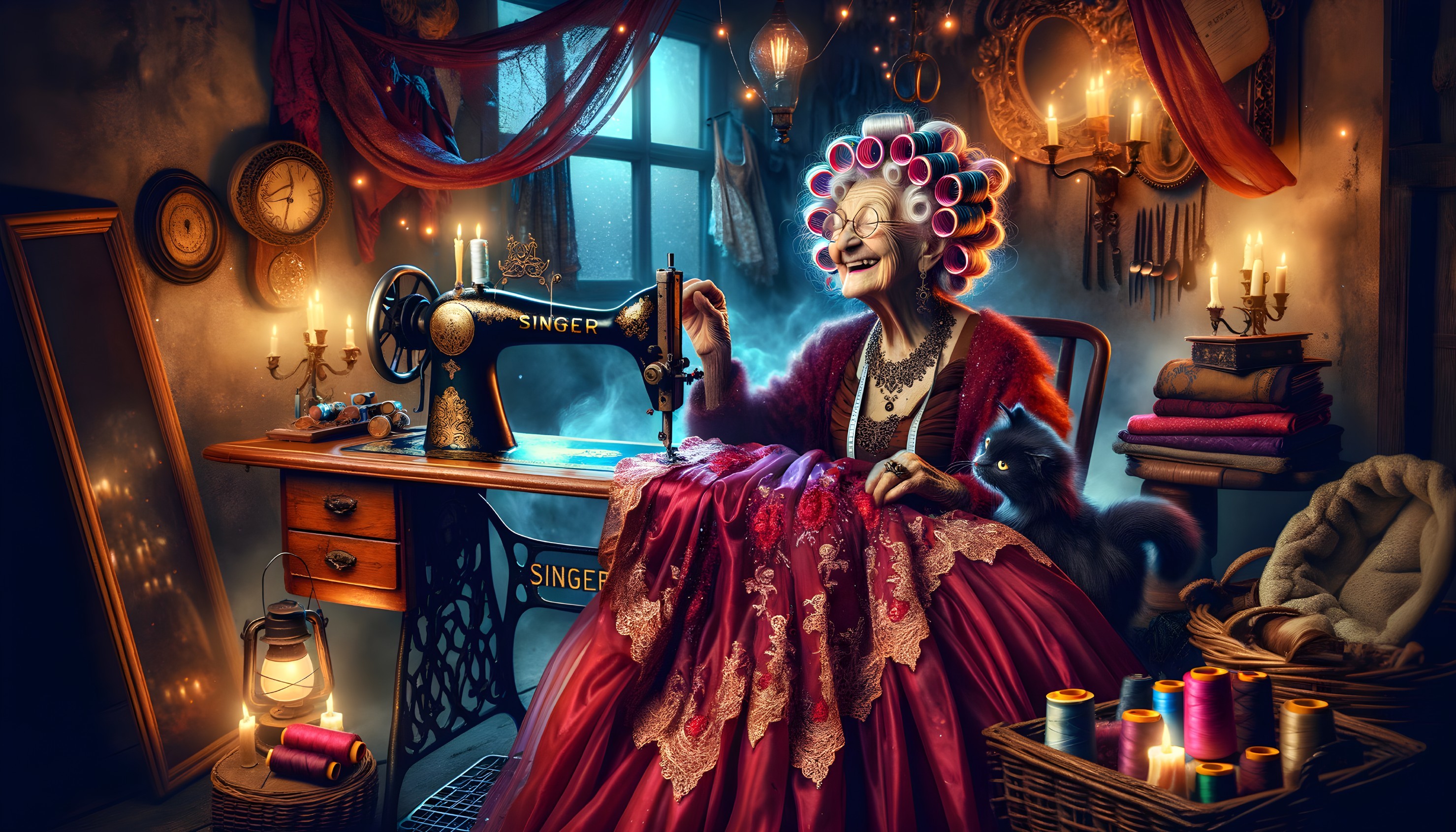 Elderly Woman Sewing in Cozy, Dimly Lit Room