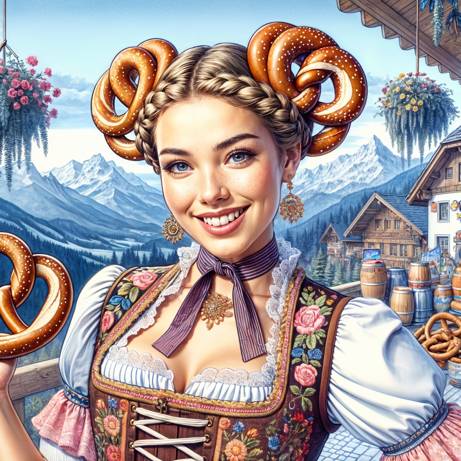 Bavarian Outfit with Floral Embroidery and Pretzel
