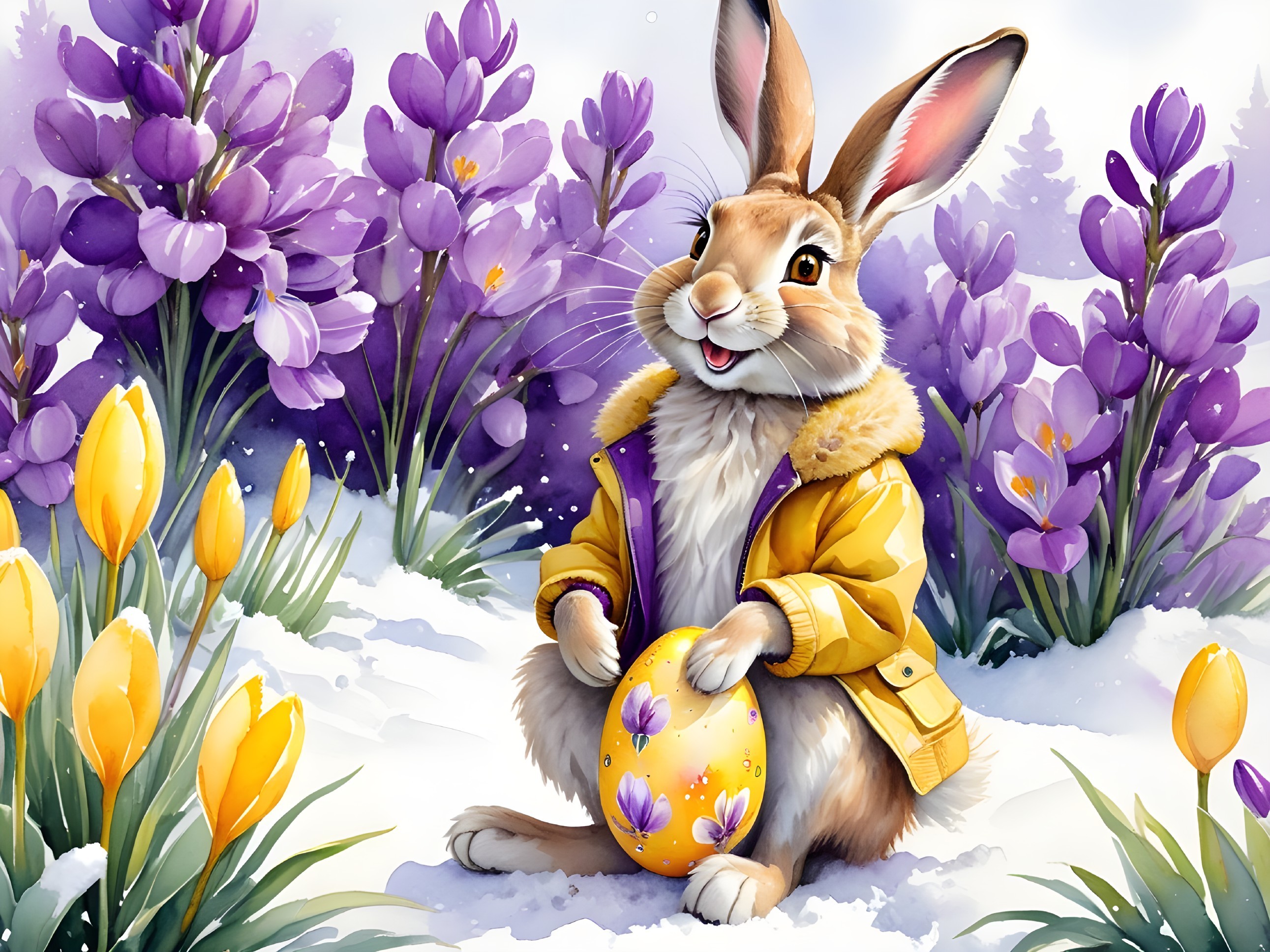 Cheerful rabbit with decorated egg in snowy spring scene