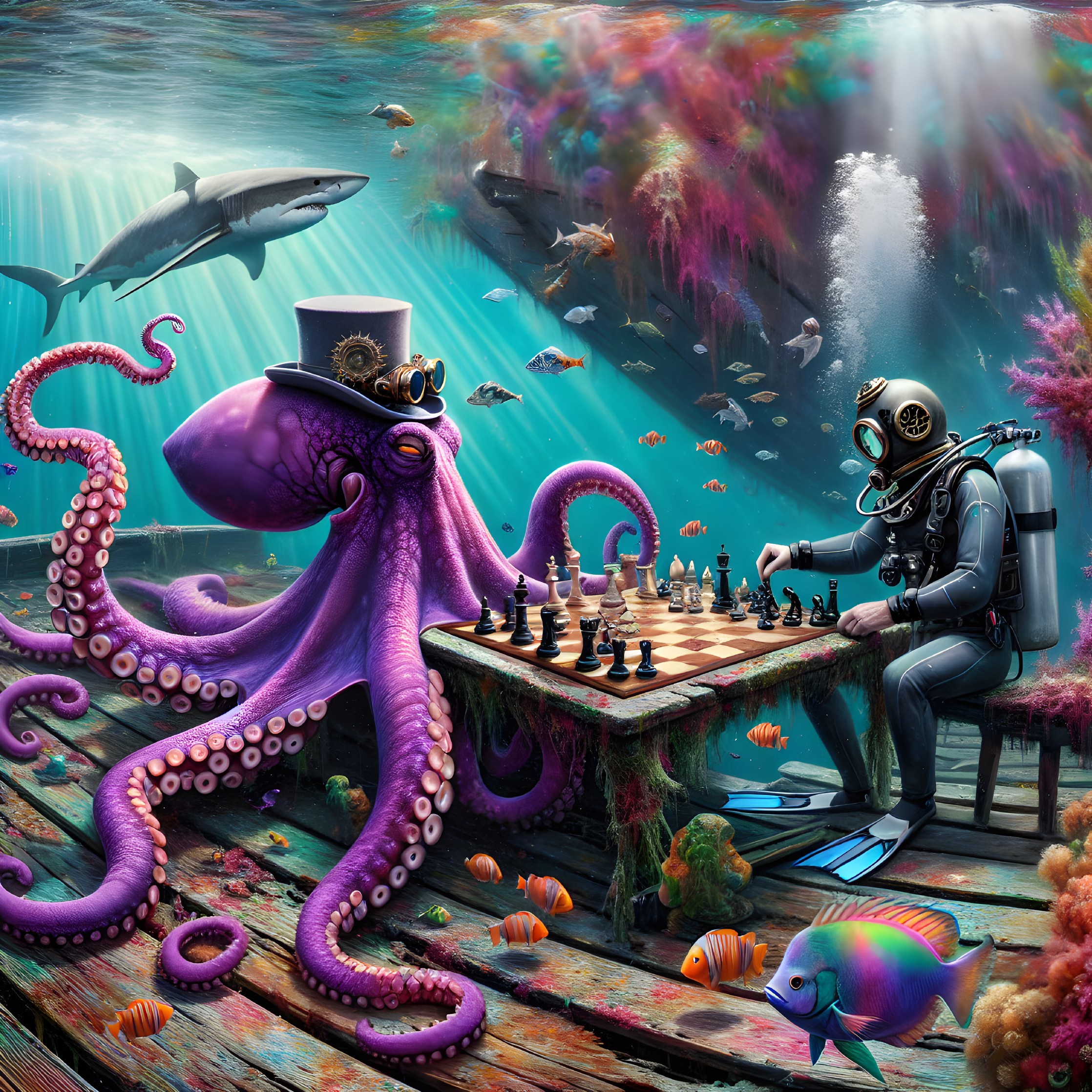 Underwater Scene with Octopus and Diver on Chessboard