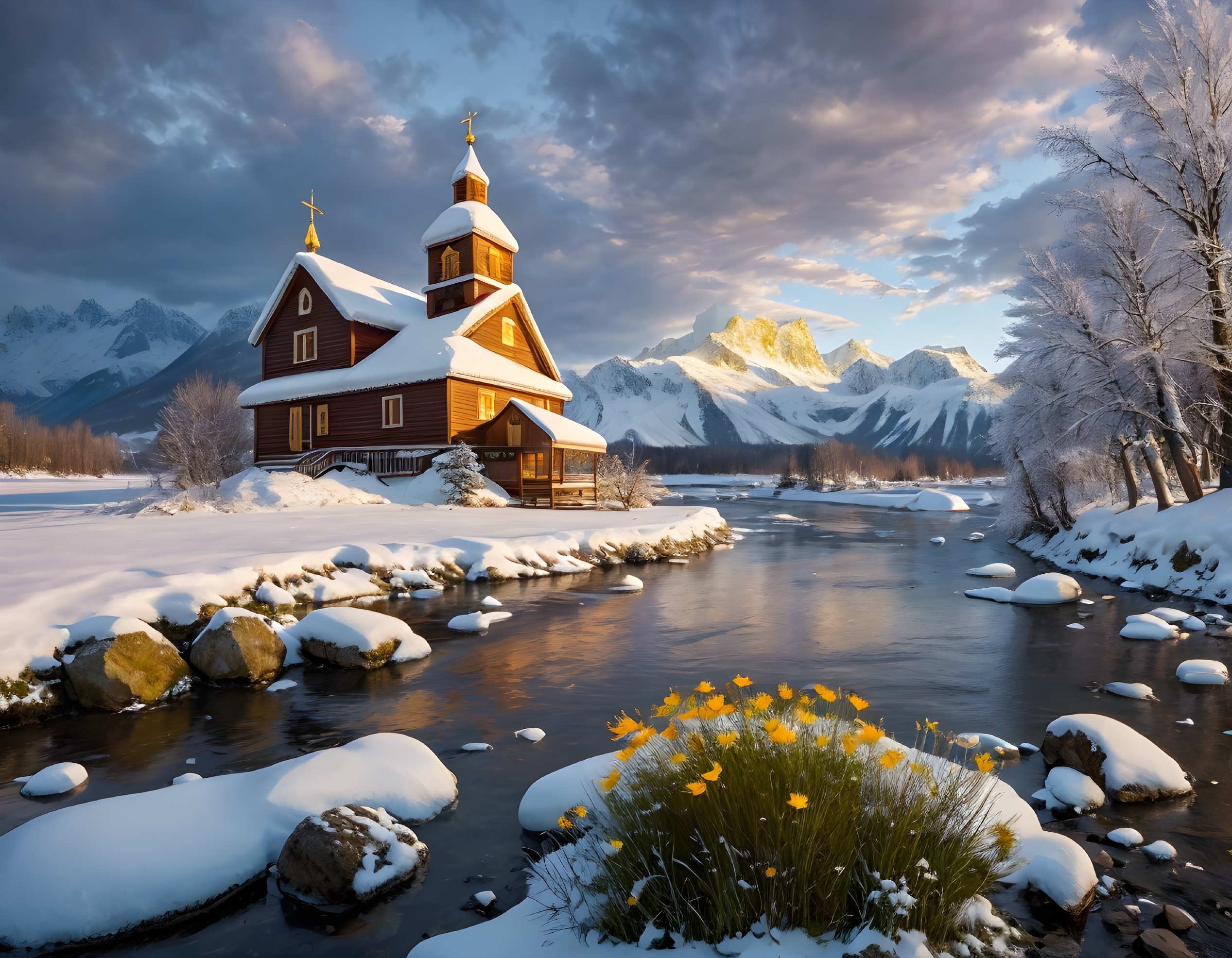 Winter Landscape with Wooden Church and Mountains