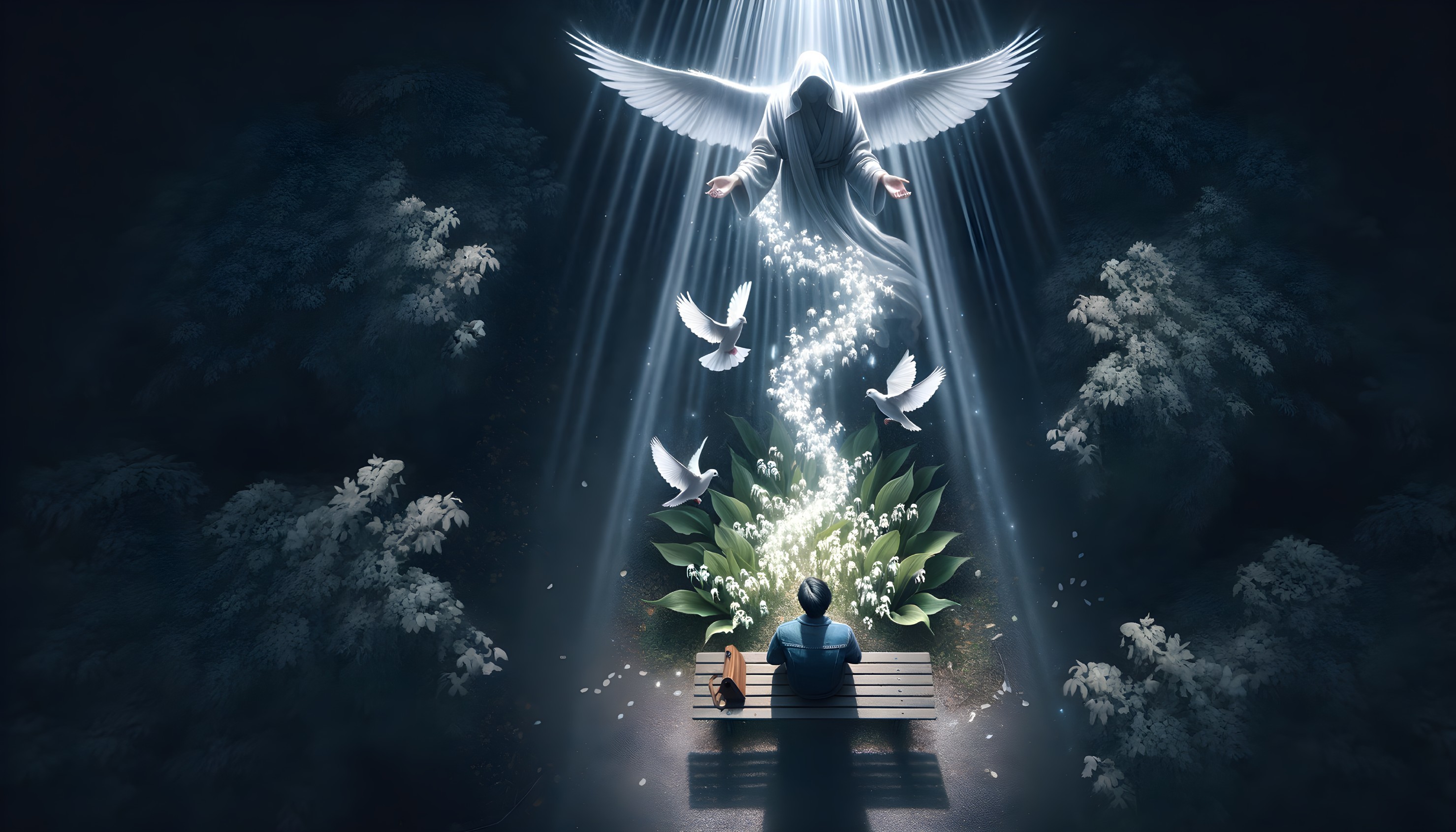 Mystical Forest Scene with Angel and Doves
