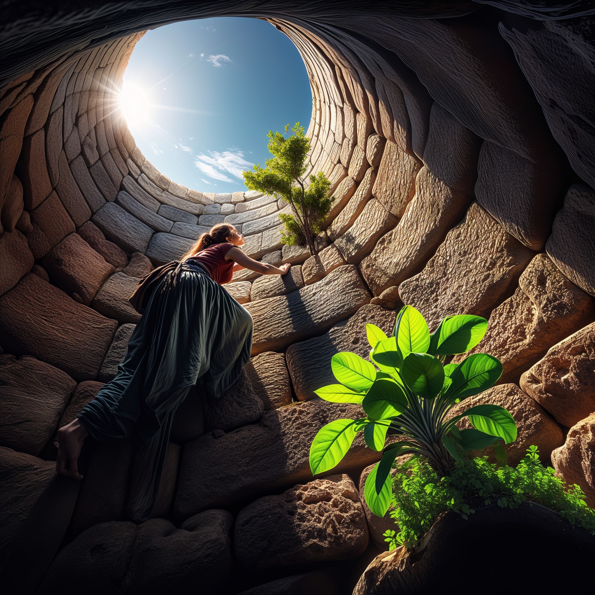 Person Climbing Narrow Stone Well with Sunlight Above