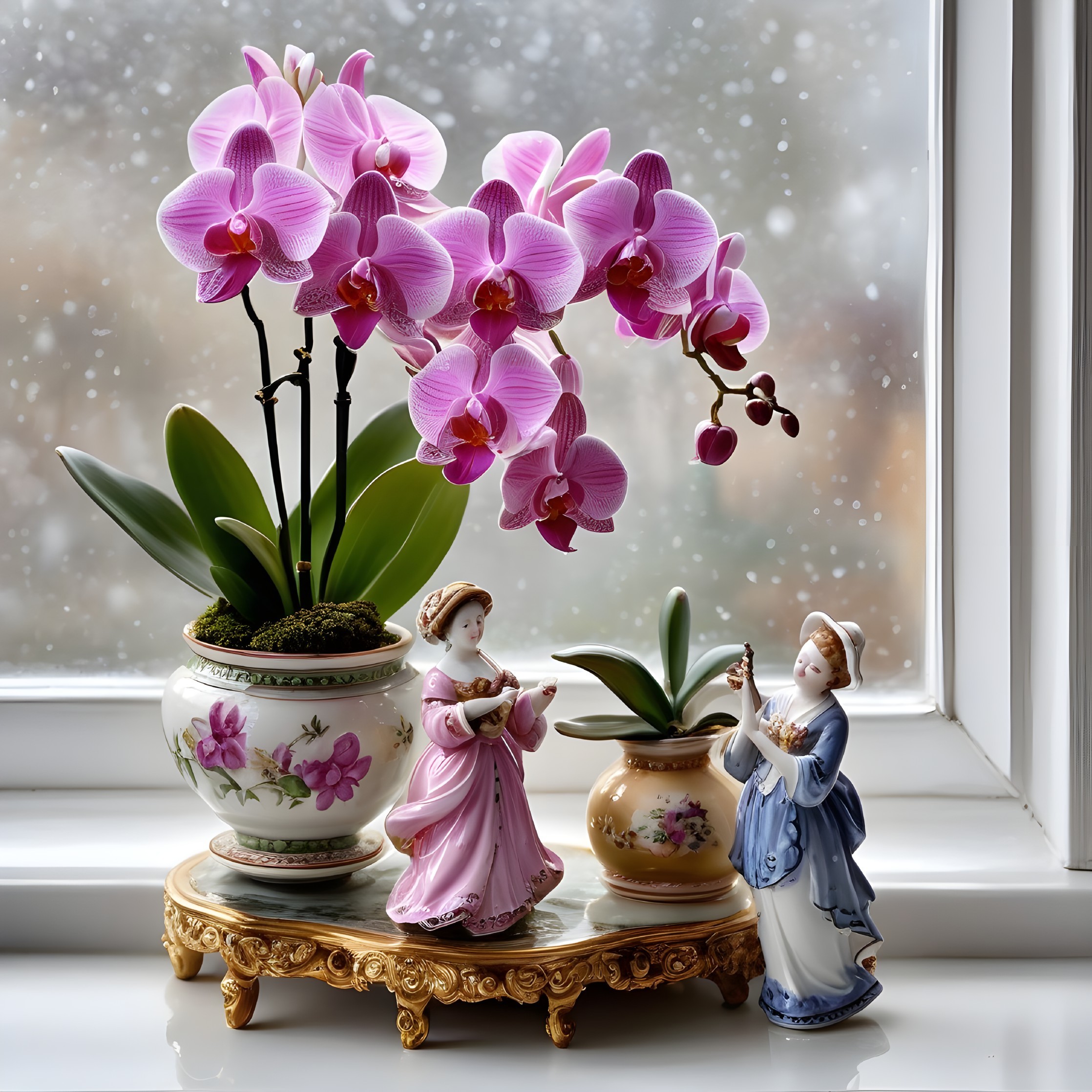 Pink Orchids and Porcelain Figurines by a Window