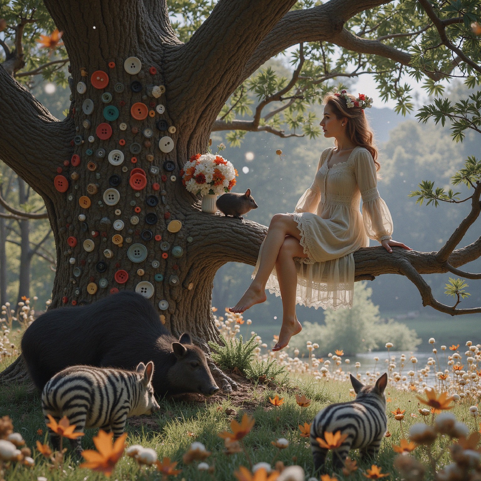 Young Woman in Cream Dress Surrounded by Nature