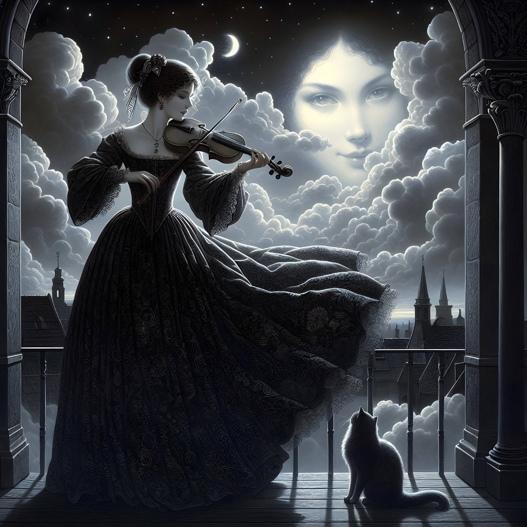 Moonlit Balcony Scene with Violin and Black Cat
