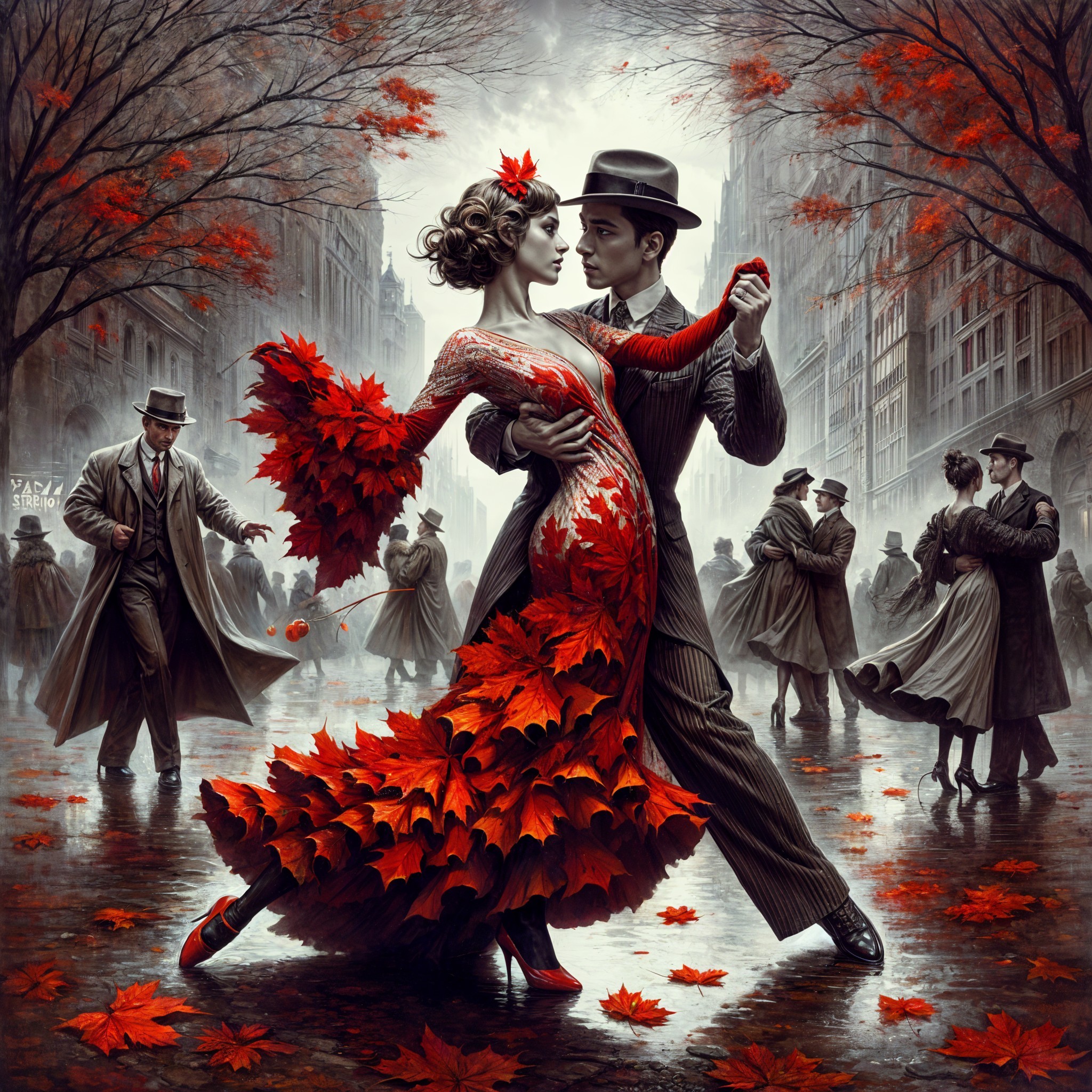 Couple Dancing in Autumn Streets Surrounded by Leaves