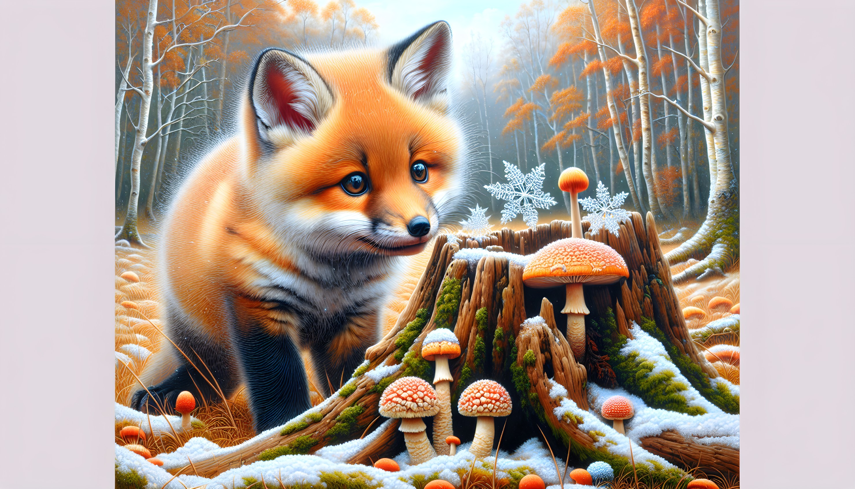 Curious Fox Cub Among Colorful Mushrooms in Forest