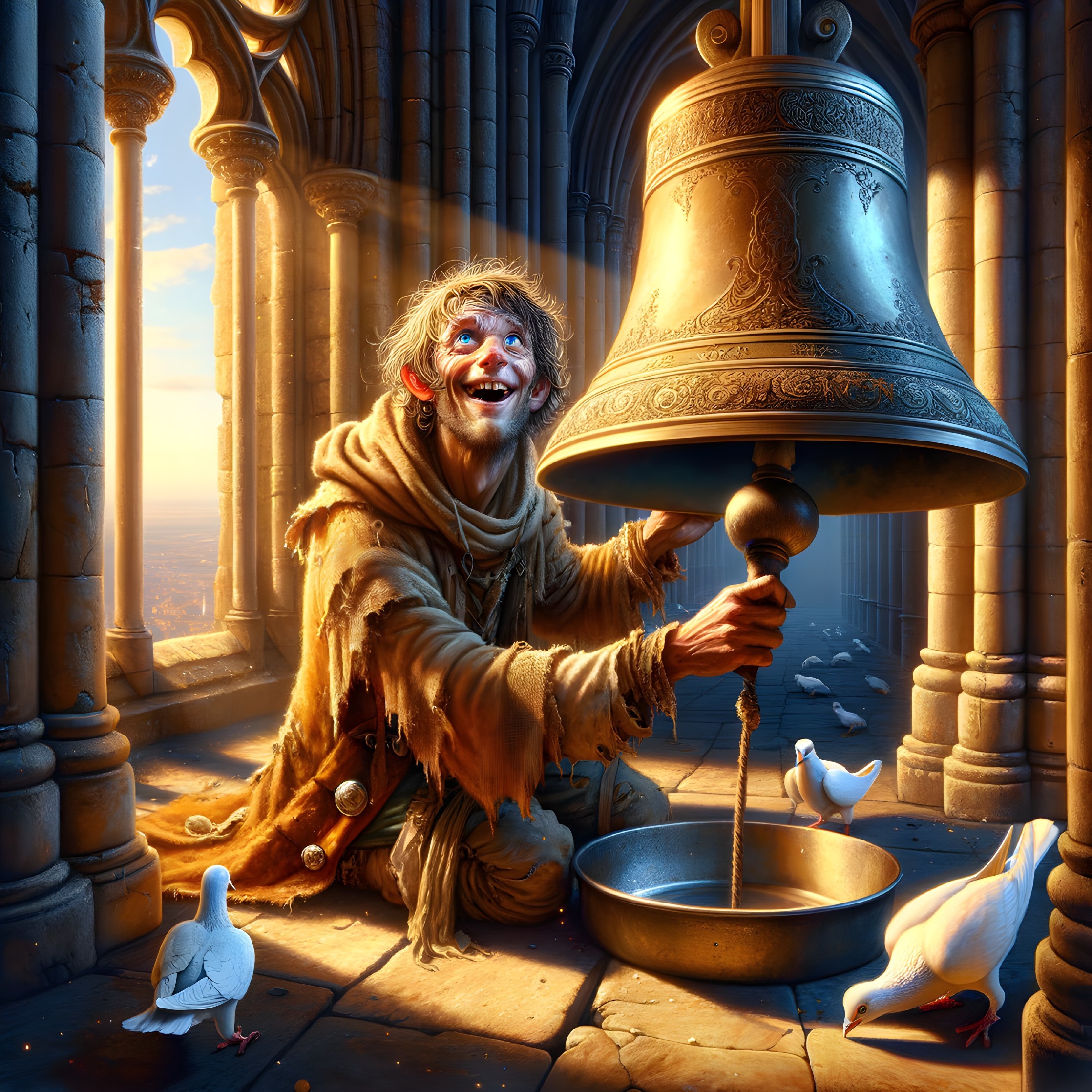 Joyful Figure Ringing Bell in Sunlit Cathedral