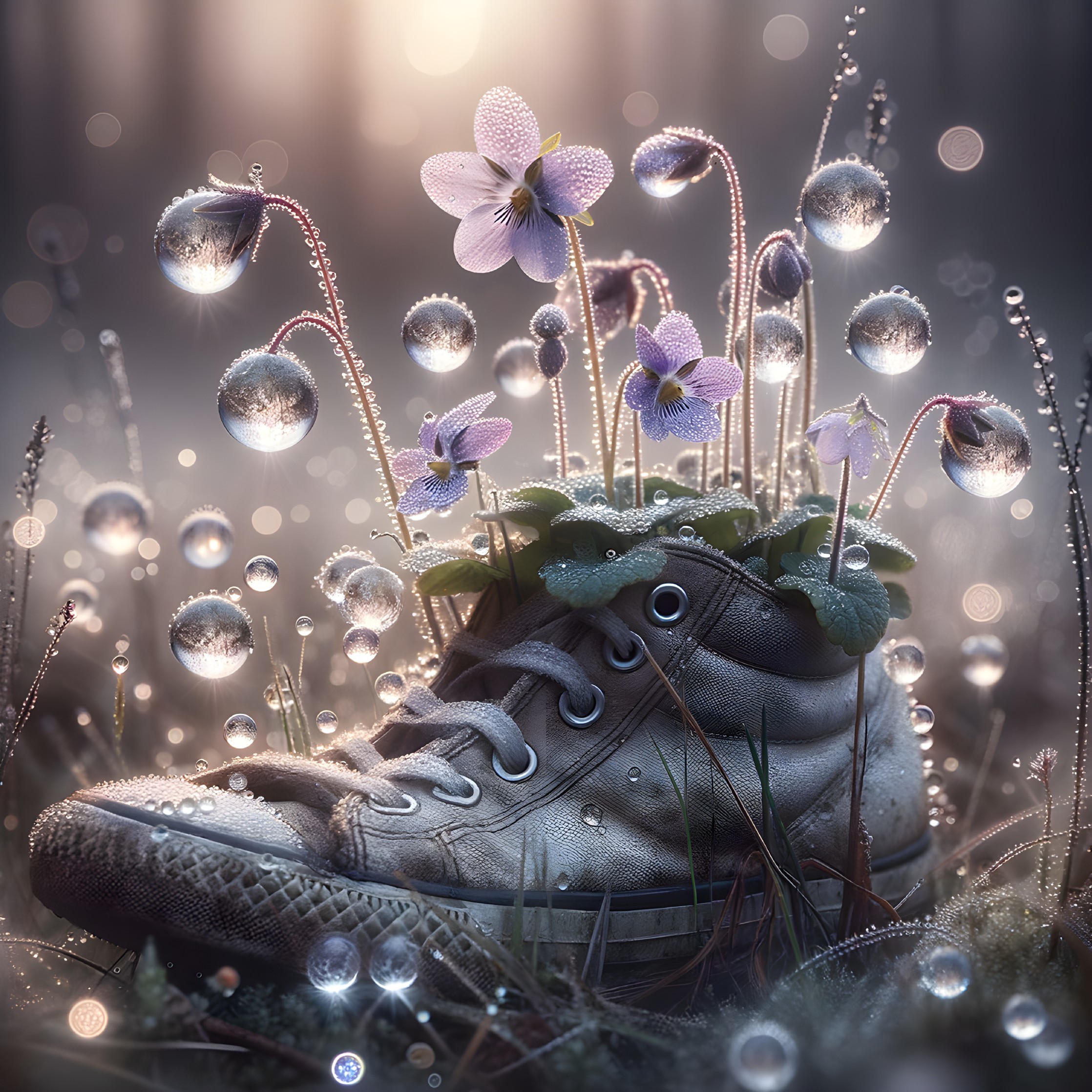 Weathered Sneaker Surrounded by Flowers in Forest