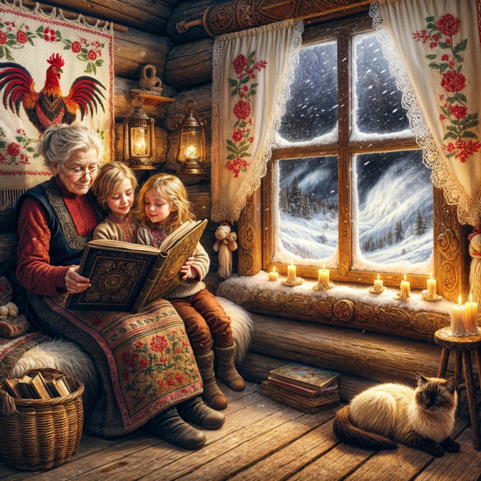 Elderly Woman Reads to Children in Cozy Cabin Setting