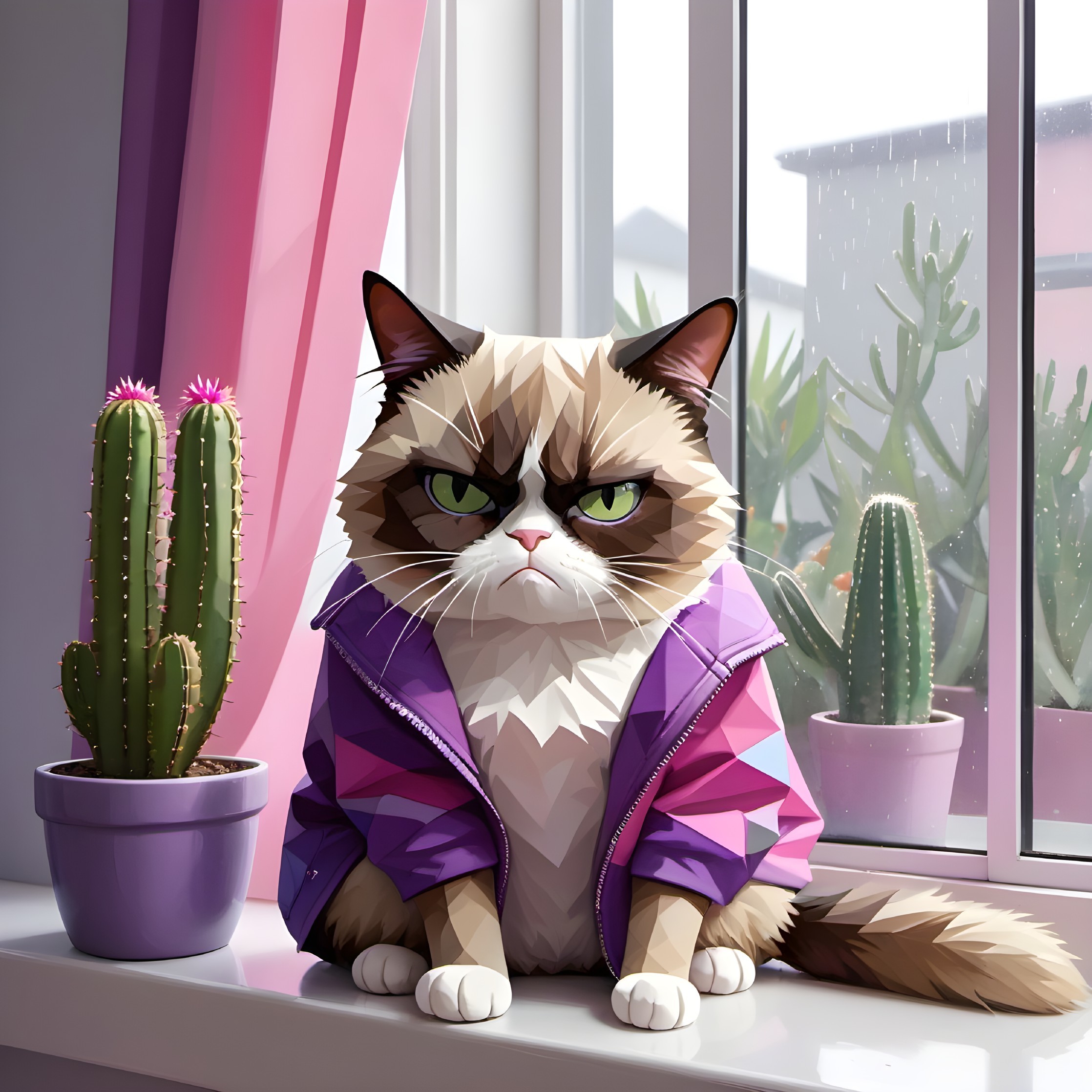 Cat on Windowsill with Cacti on Rainy Day