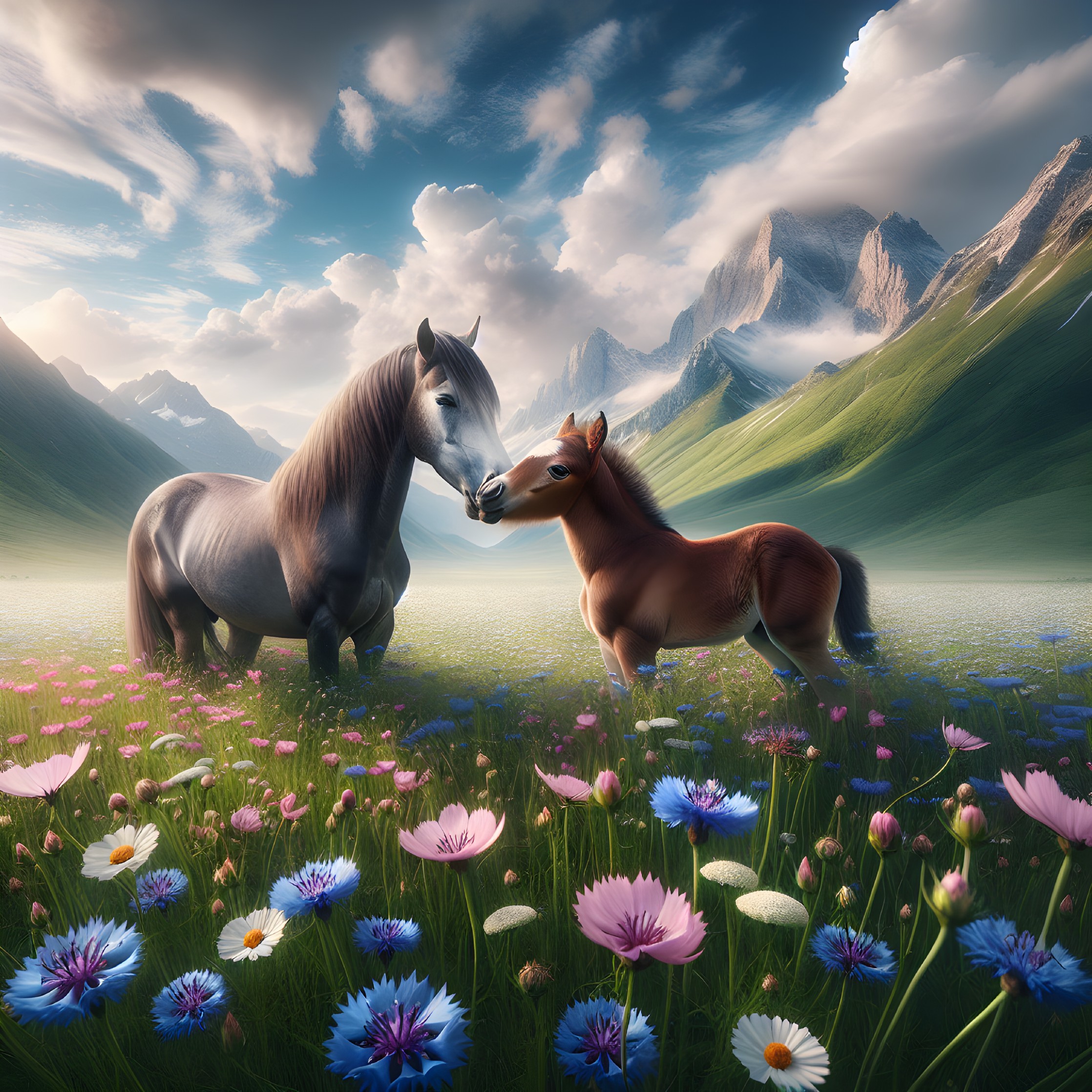 Horses in a Vibrant Meadow with Wildflowers and Hills