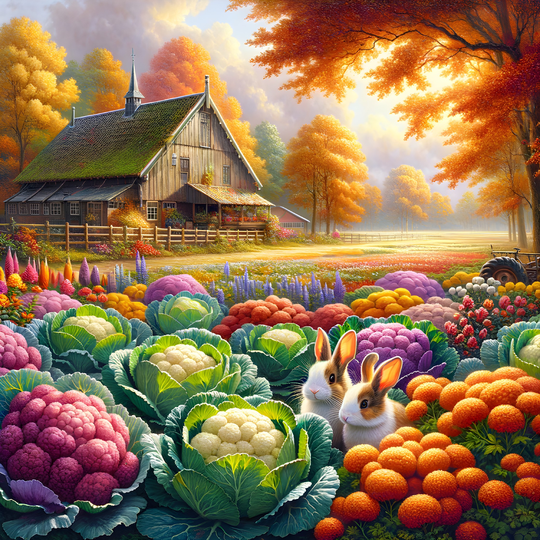 Autumn Barn Scene with Colorful Gardens and Rabbits