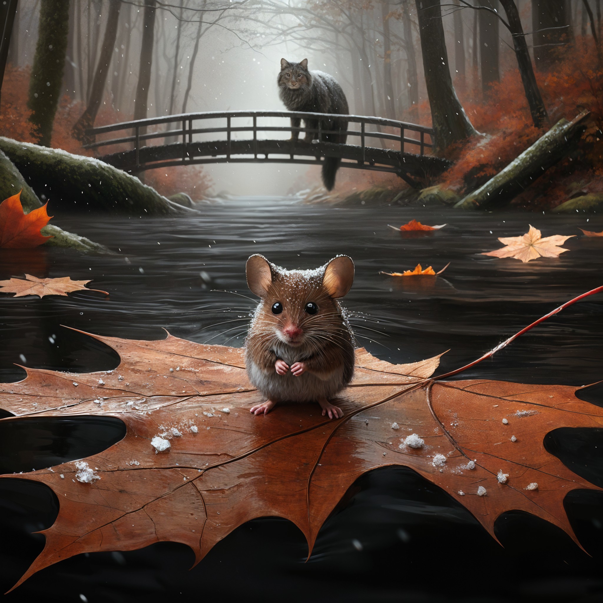 Mouse on Autumn Leaf with Cat in Misty Forest