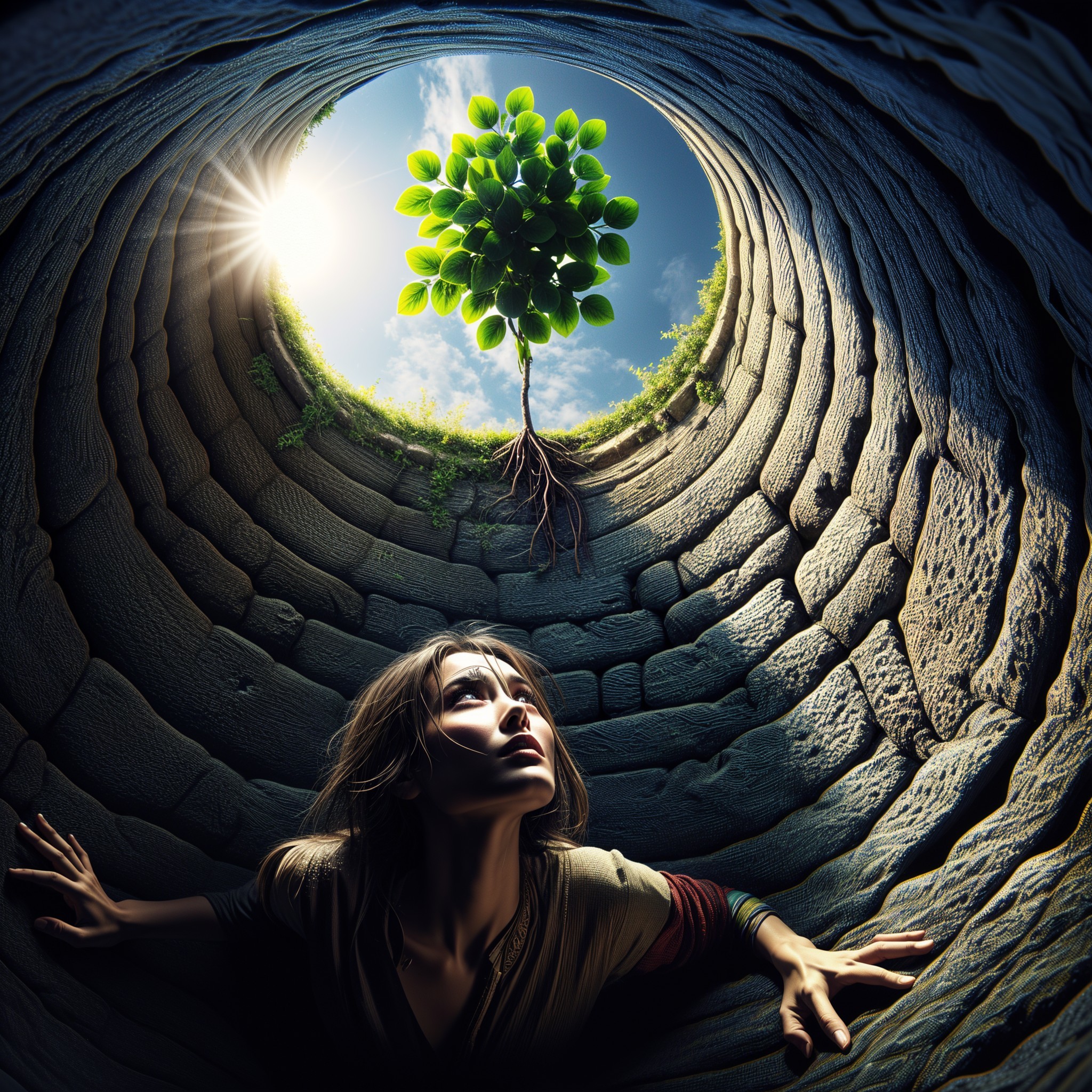 Young Woman in Well with Tree Symbolizing Hope