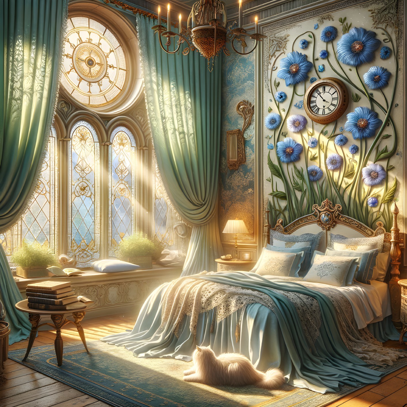 Elegant Bedroom with Blue Drapes and Floral Mural