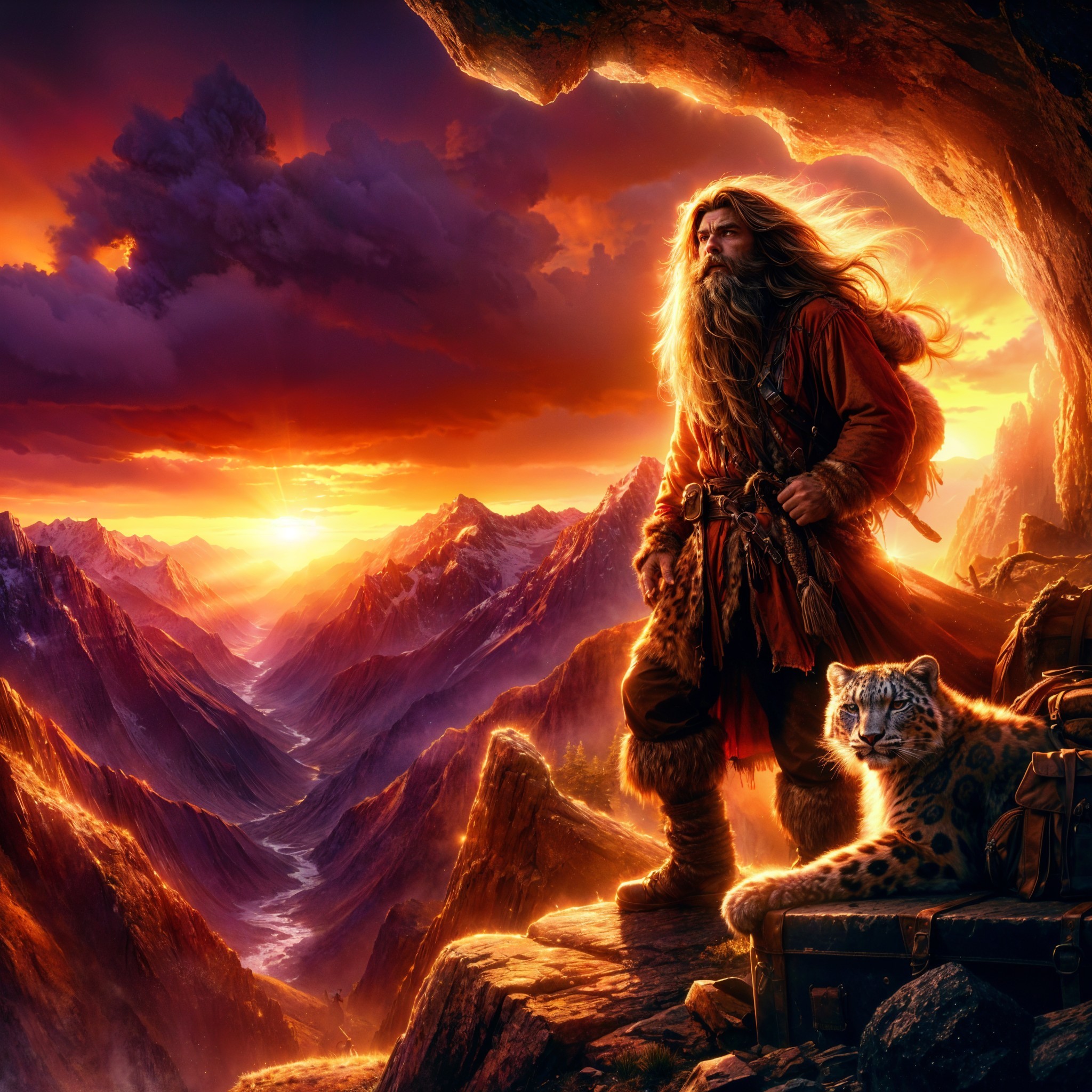 Warrior and Leopard Overlooking Mountain Valley at Sunset
