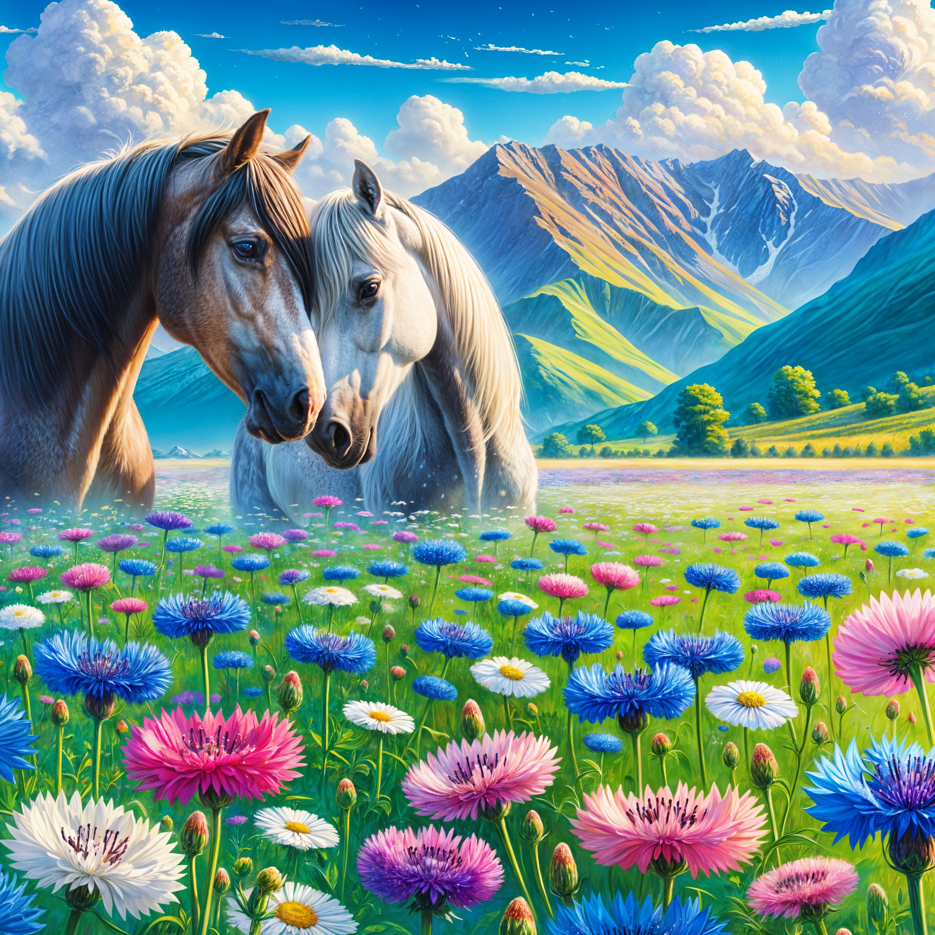 Horses in a Colorful Wildflower Landscape with Mountains