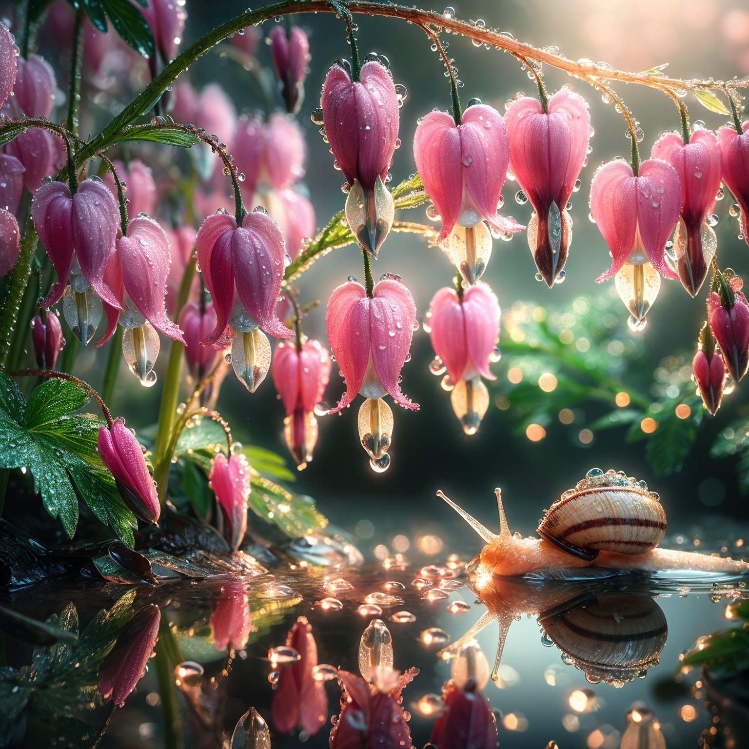 Serene Scene of Pink Heart-Shaped Flowers and Snail