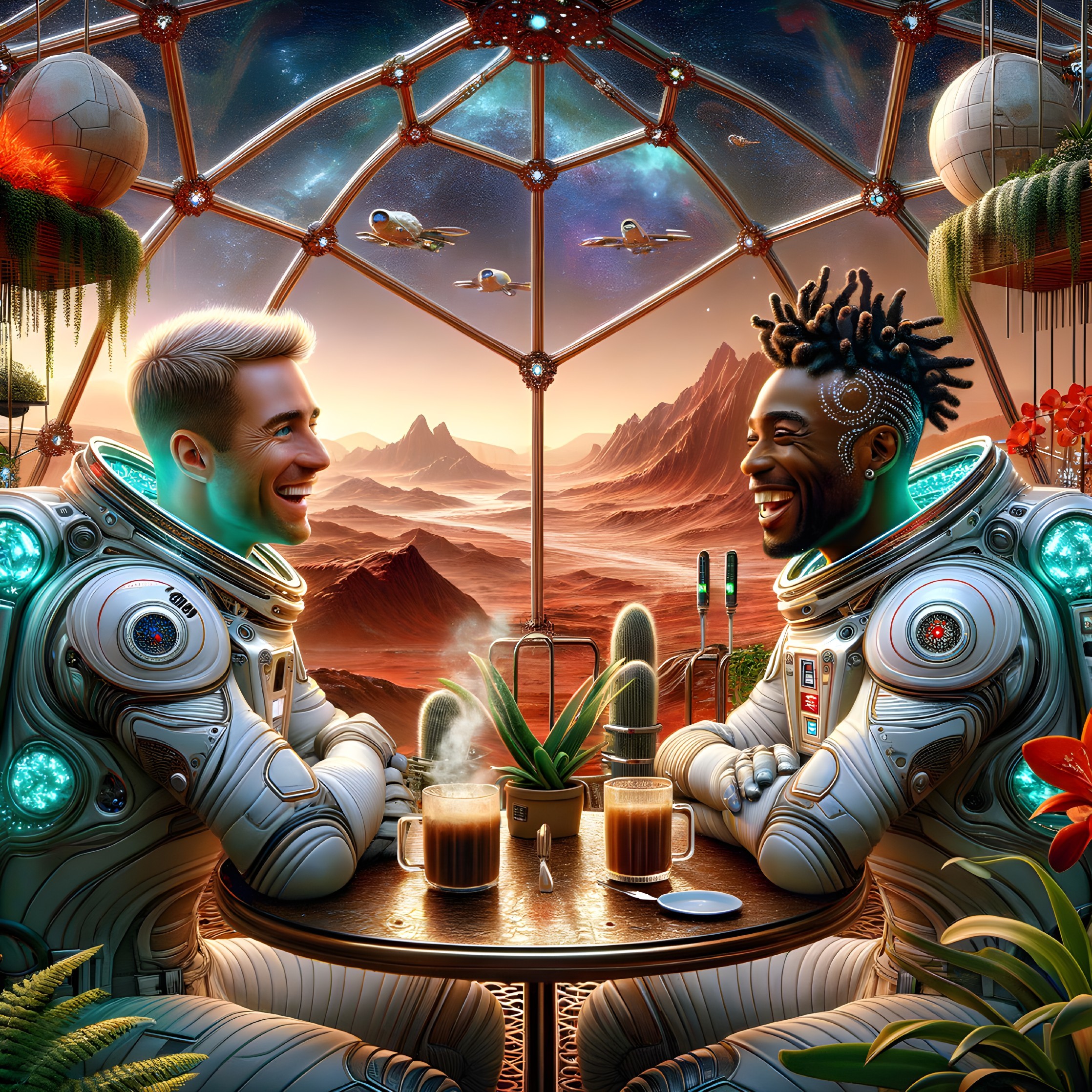 Astronauts in Futuristic Setting with Alien Landscape