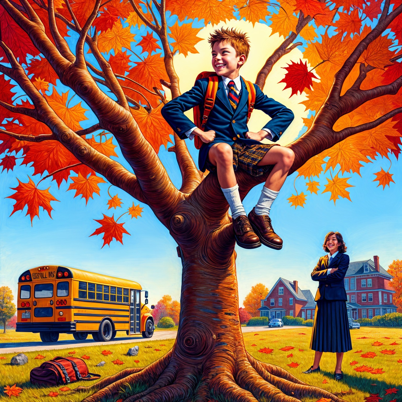 Cheerful Boy in School Uniform Amid Autumn Scene