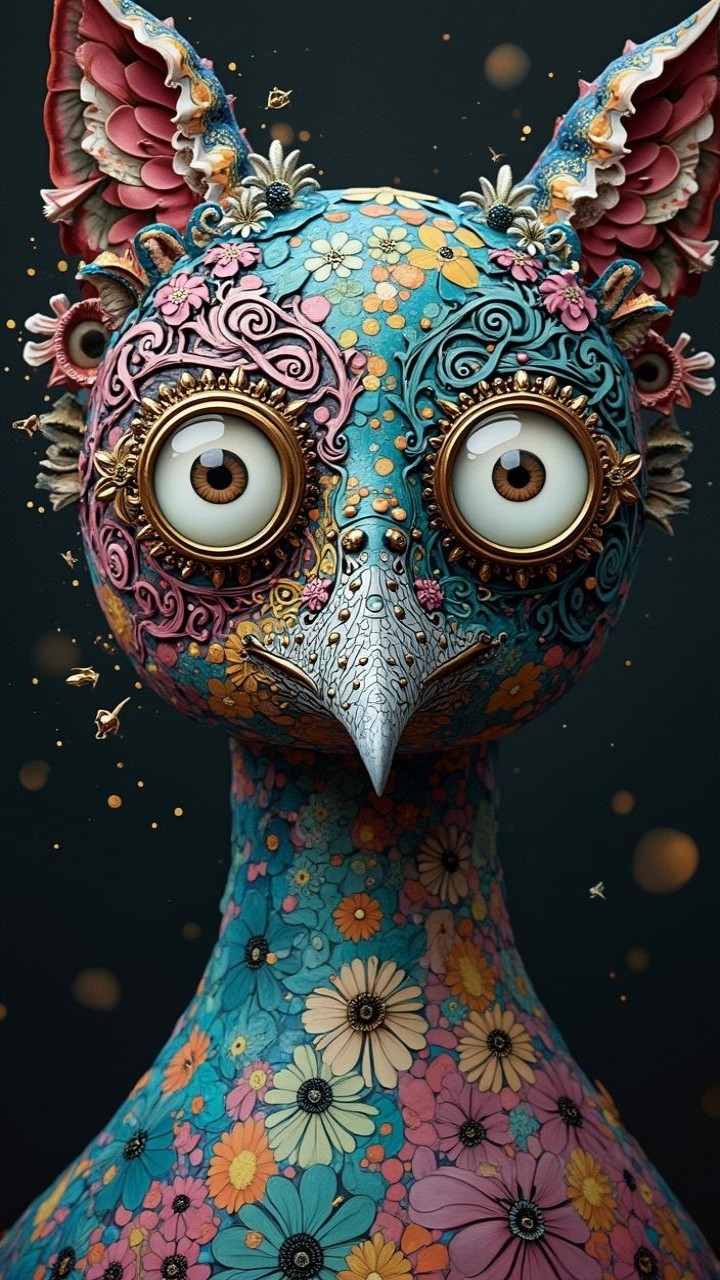Colorful Whimsical Bird Sculpture with Floral Patterns