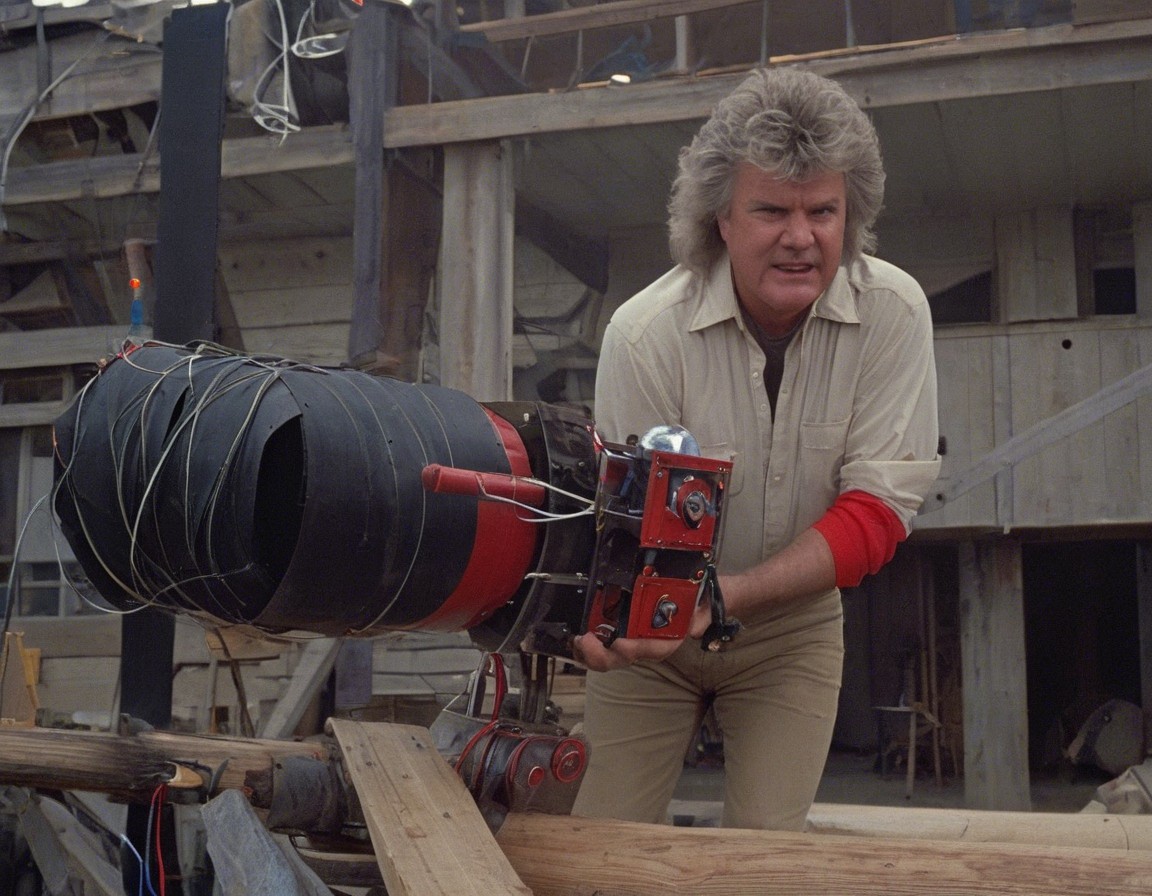 Man with Cannon on Wooden Platform in Creative Setting