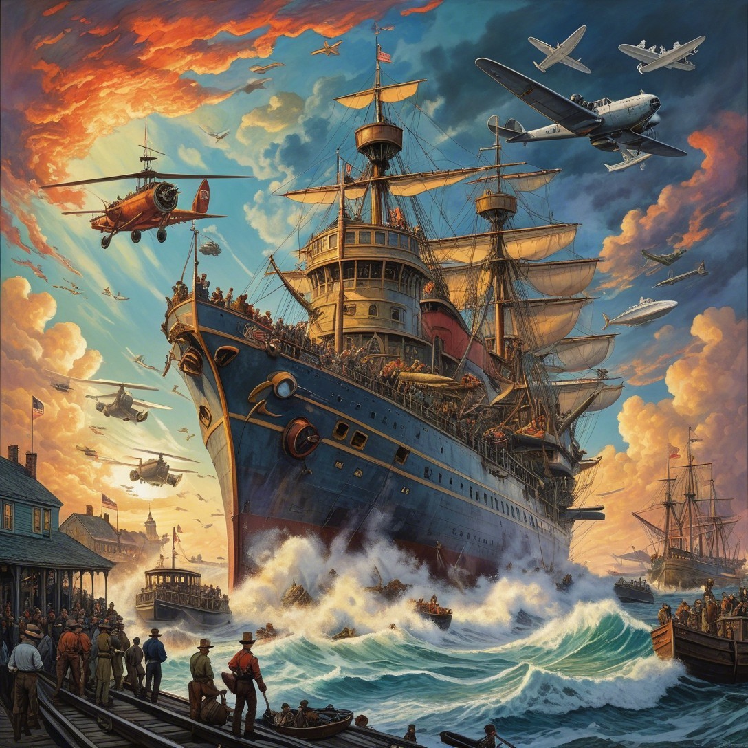 Grand ship sailing through turbulent waves at sunset