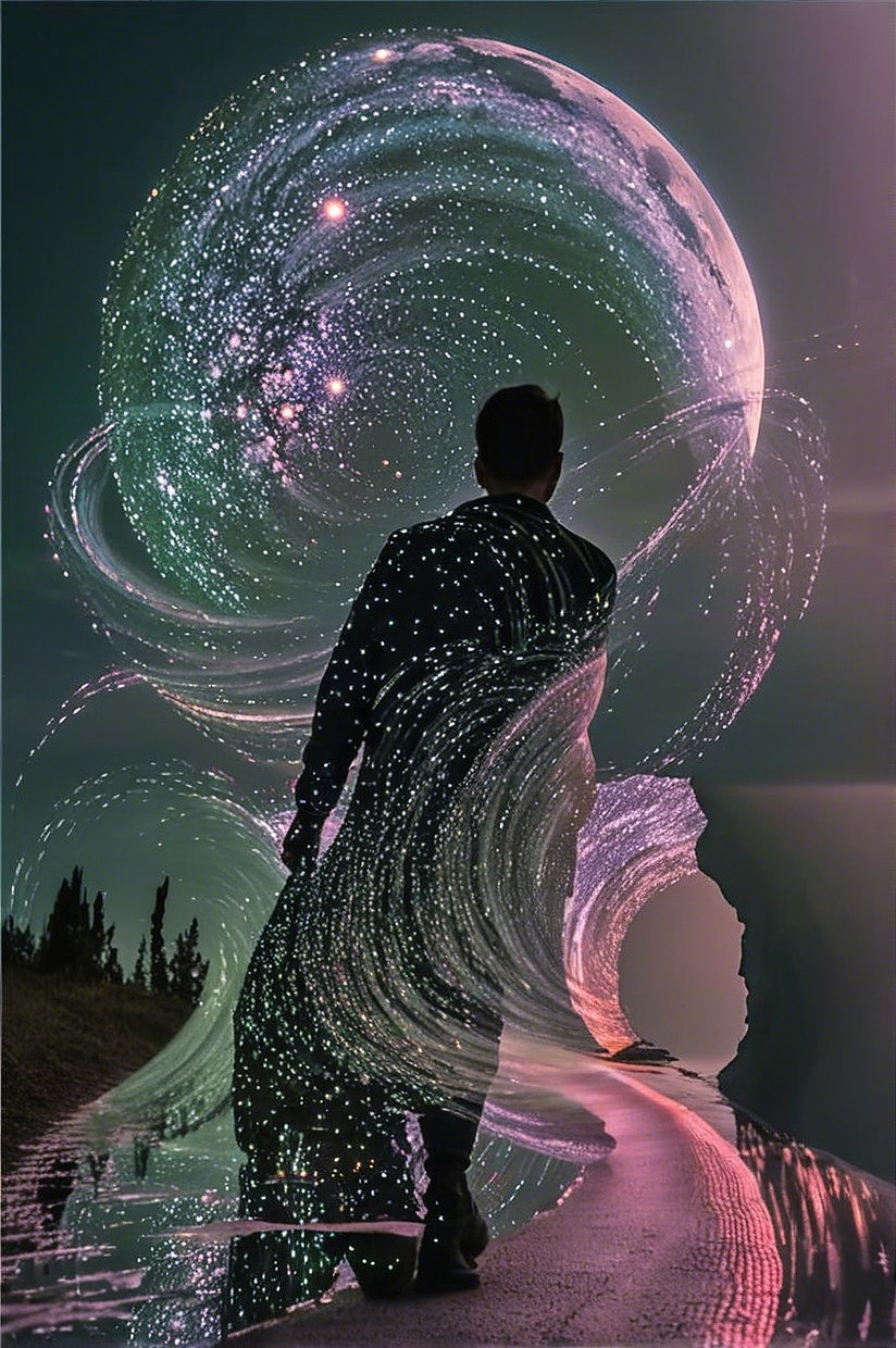 Figure on a Path Under Cosmic Swirls and Moonlight