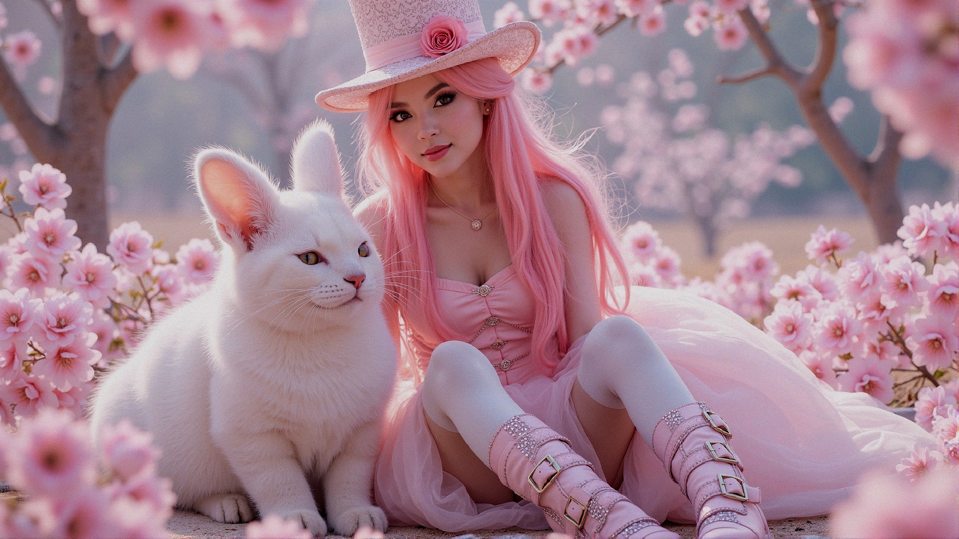 Young Woman in Pink Dress Among Cherry Blossoms