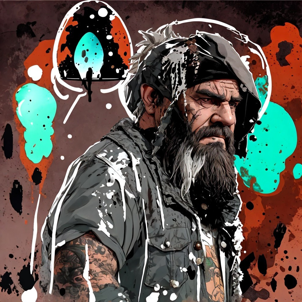 Rugged man with tattoos against vibrant background