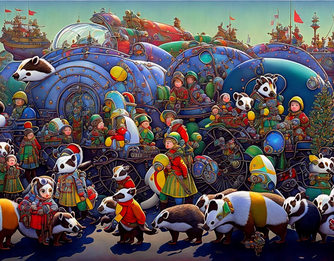 Whimsical Steampunk Scene with Pandas and Children