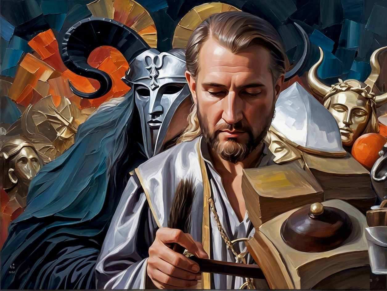 Pensive Figure Examining Ornate Artifact in Rich Setting