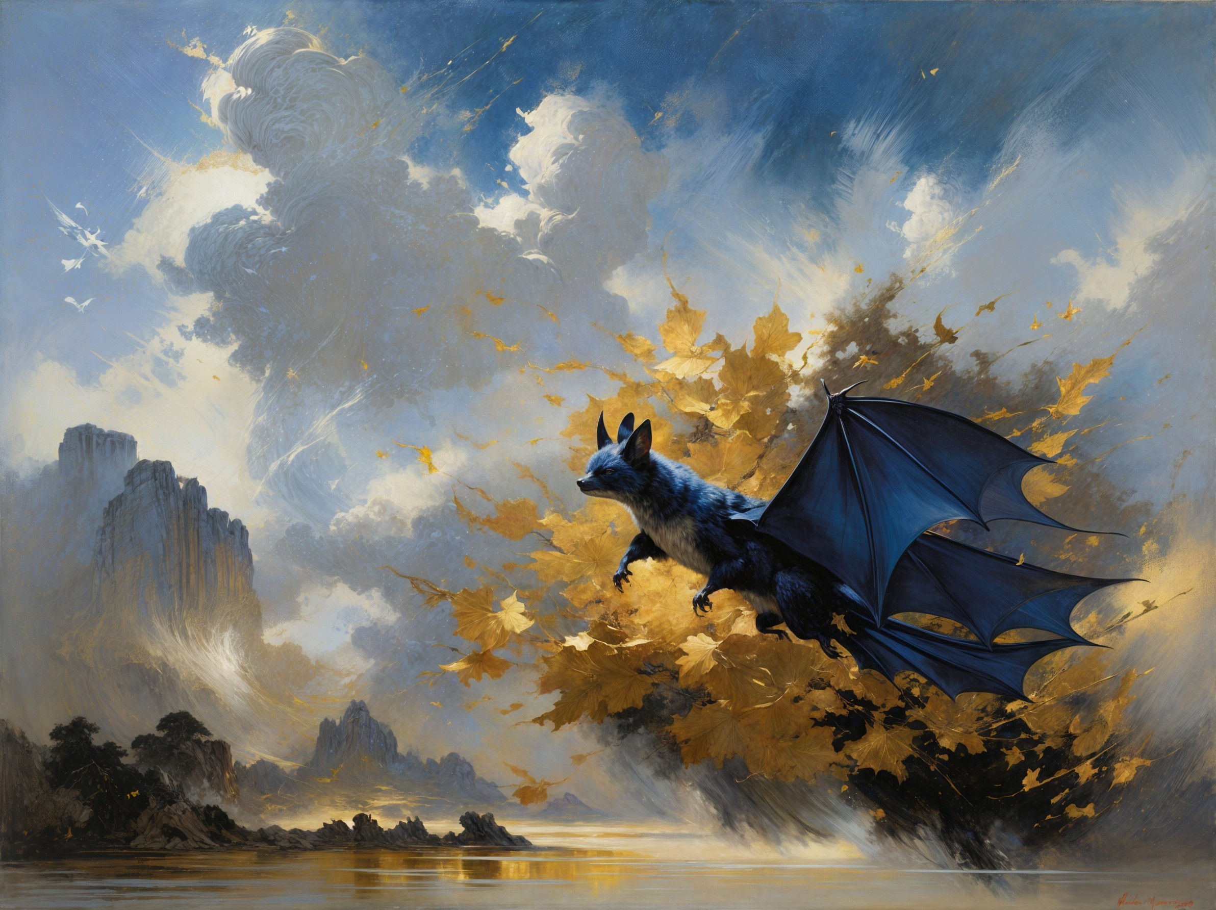Majestic bat with blue wings in a vibrant sunset sky