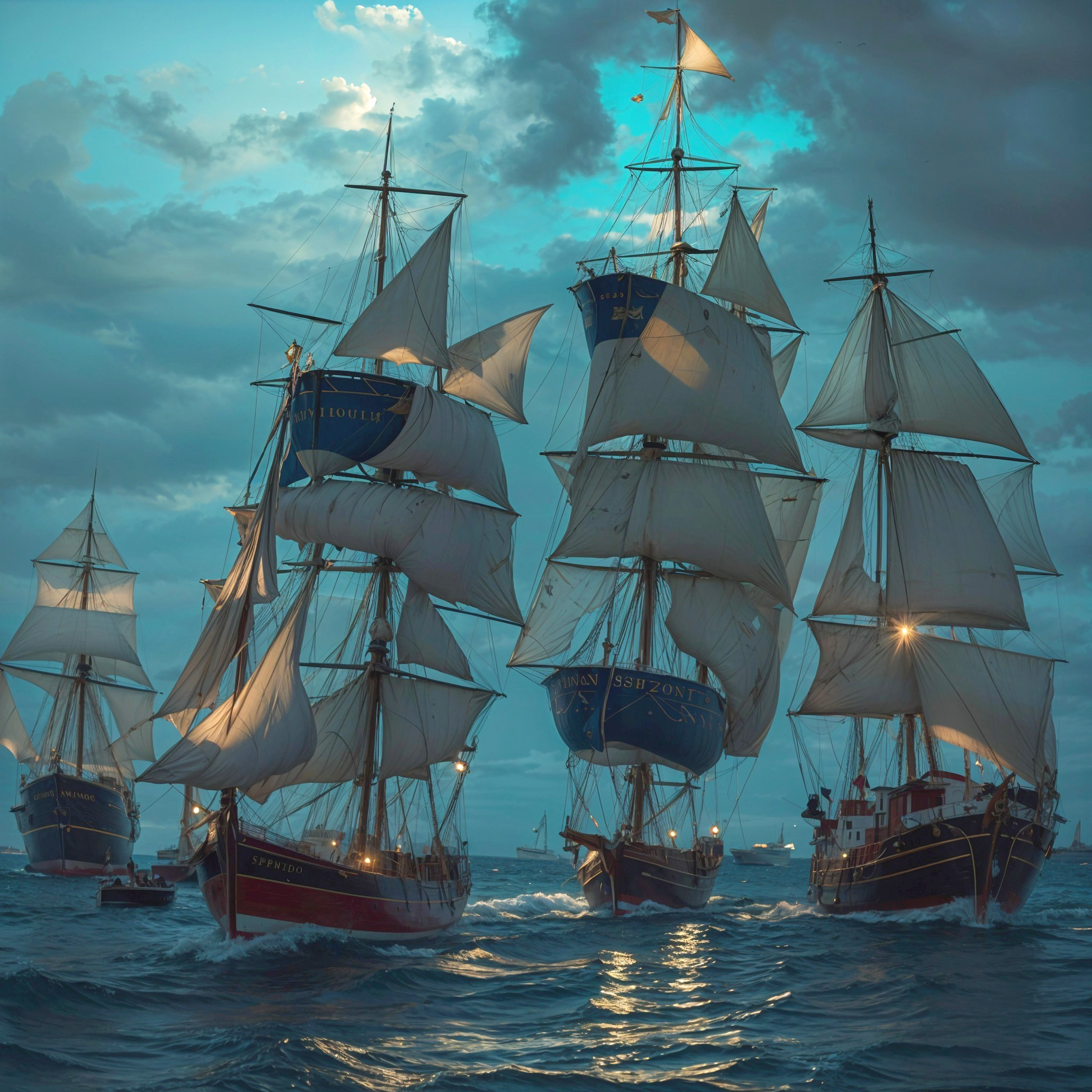 Majestic Sailing Ships at Twilight on the Ocean