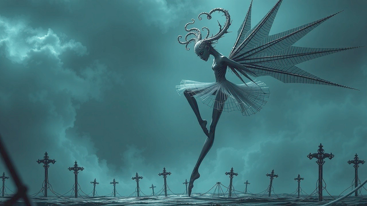 Surreal Figure with Lace Wings Against Cloudy Backdrop