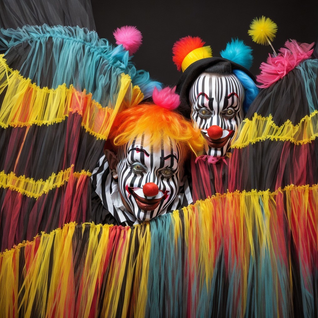 Clowns Behind Colorful Tulle Curtain with Bold Makeup