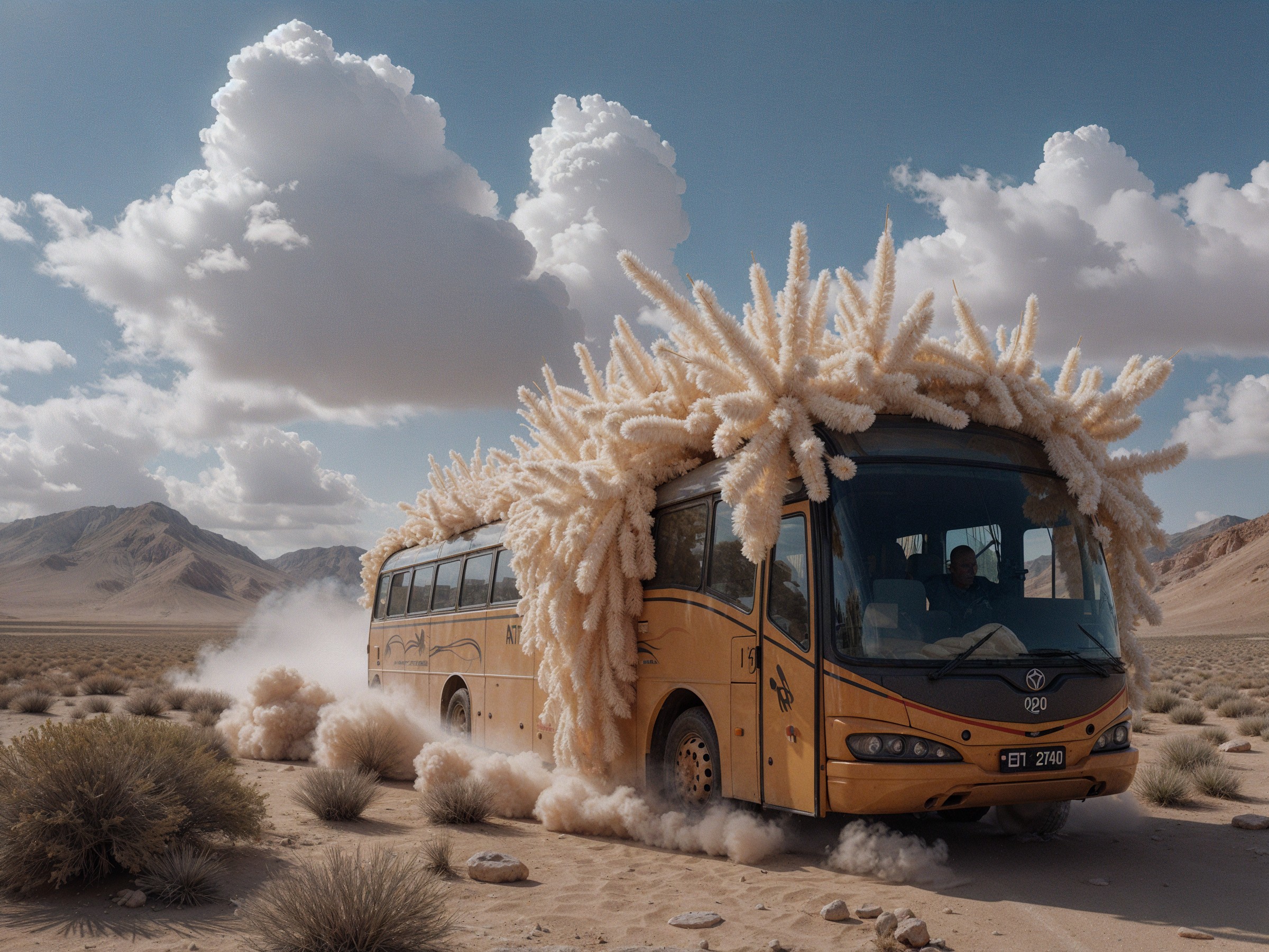 Yellow bus in desert with cotton-like plants and clouds