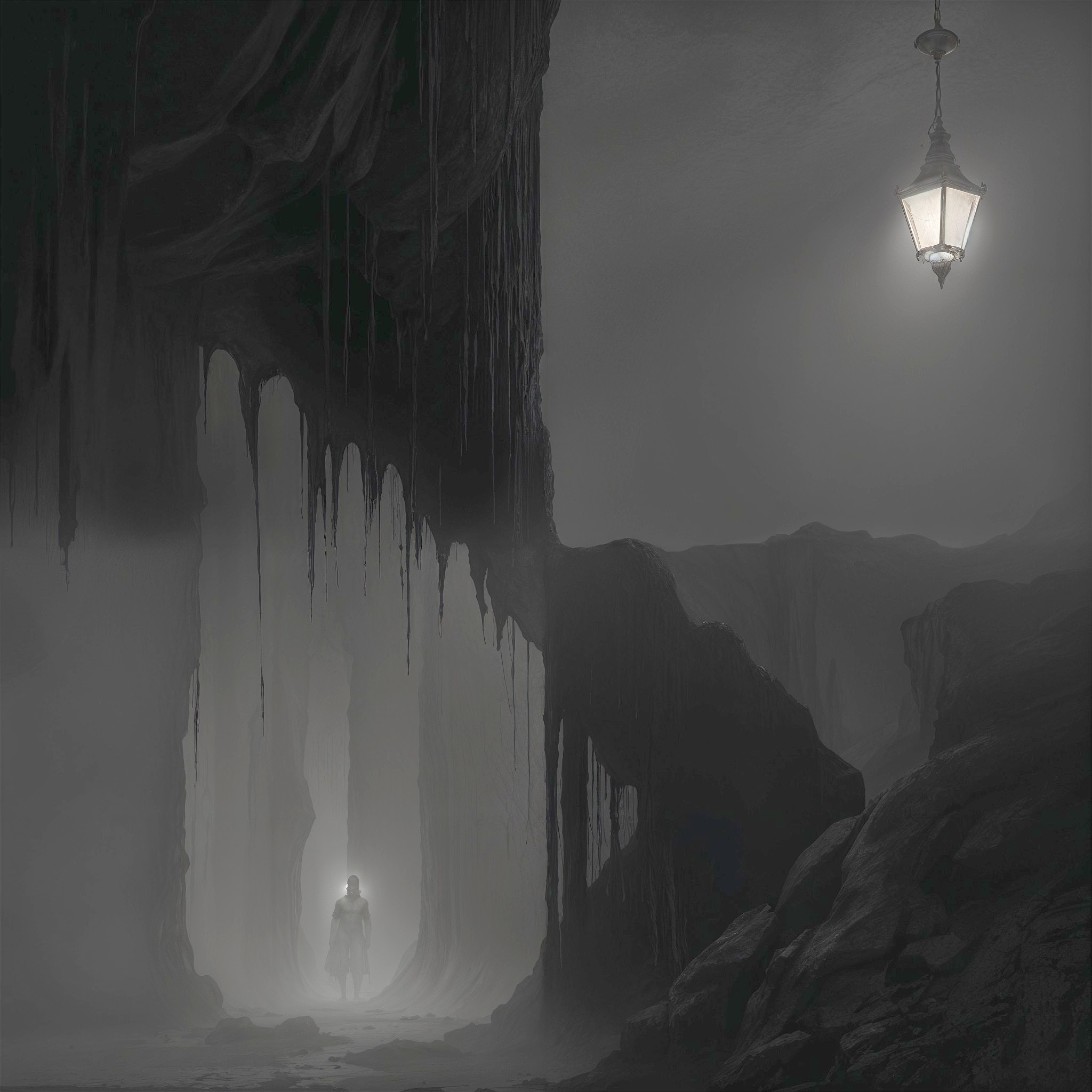 Solitary Figure in Dim Cave with Glowing Lantern
