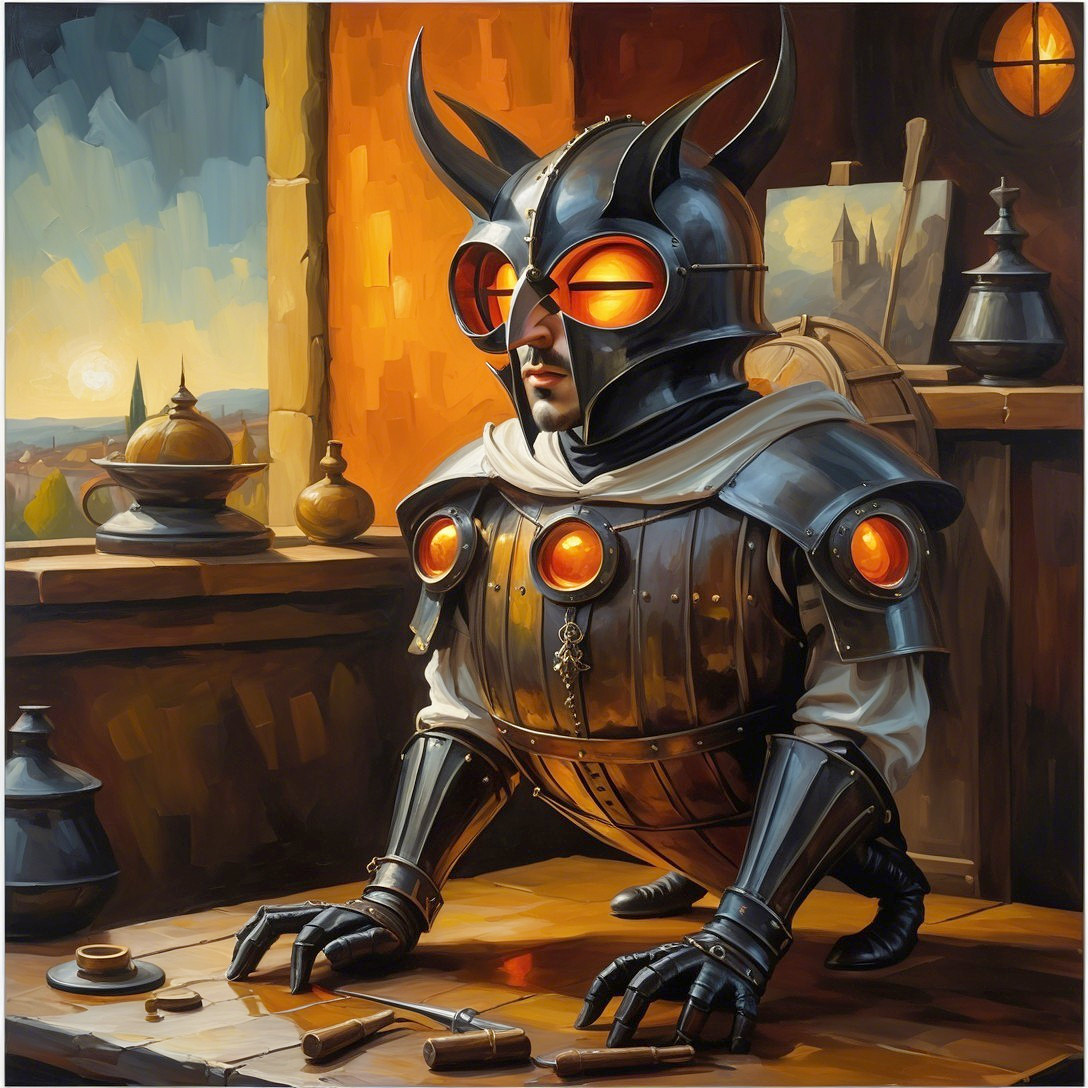 Fantastical Armored Figure in Steampunk Setting