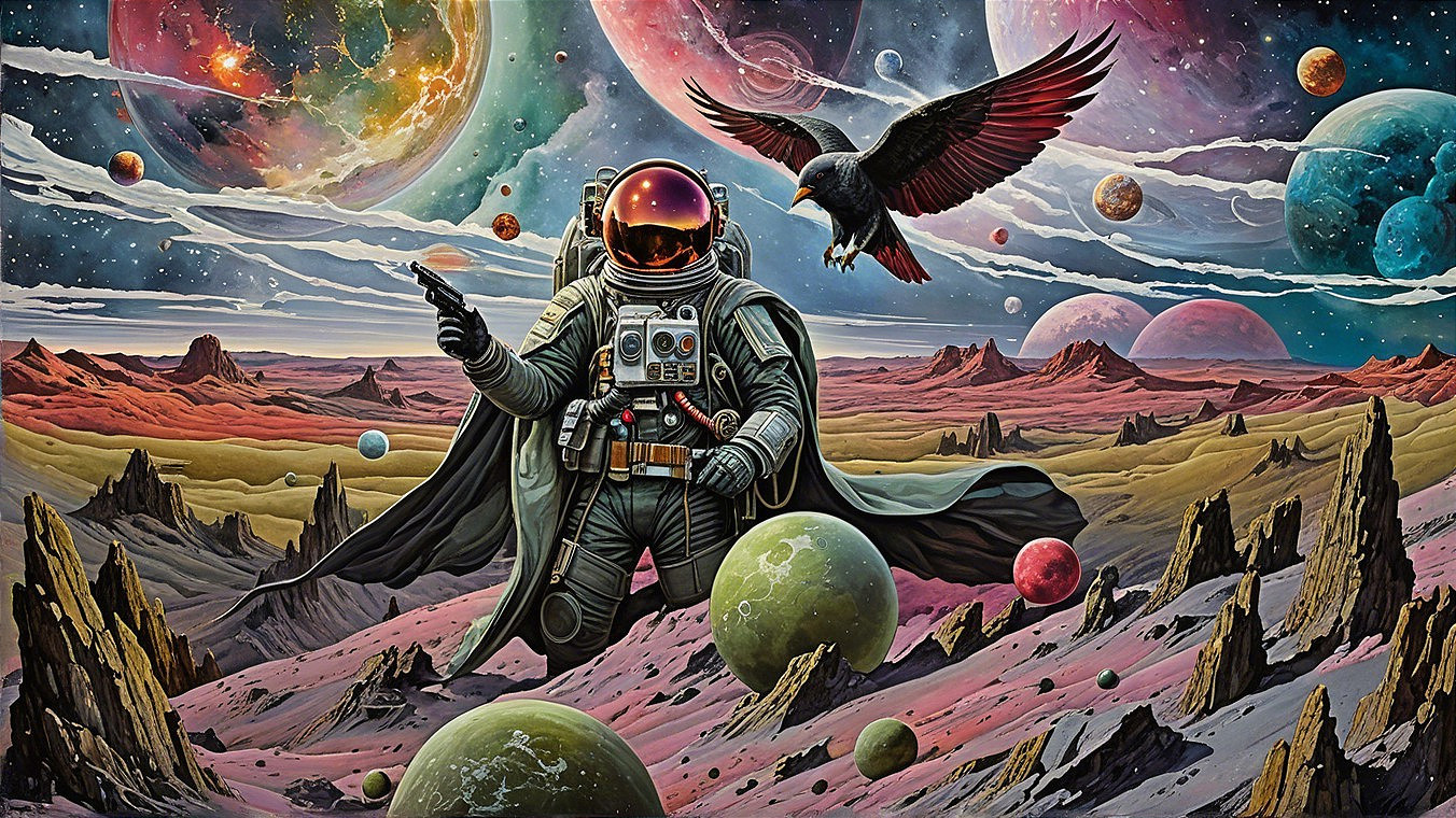 Astronaut in Cosmic Landscape with Colorful Planets