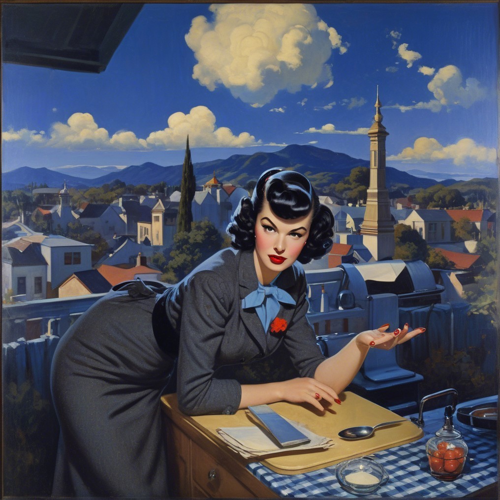 1940s Fashion: Stylish Woman in Serene Kitchen Scene